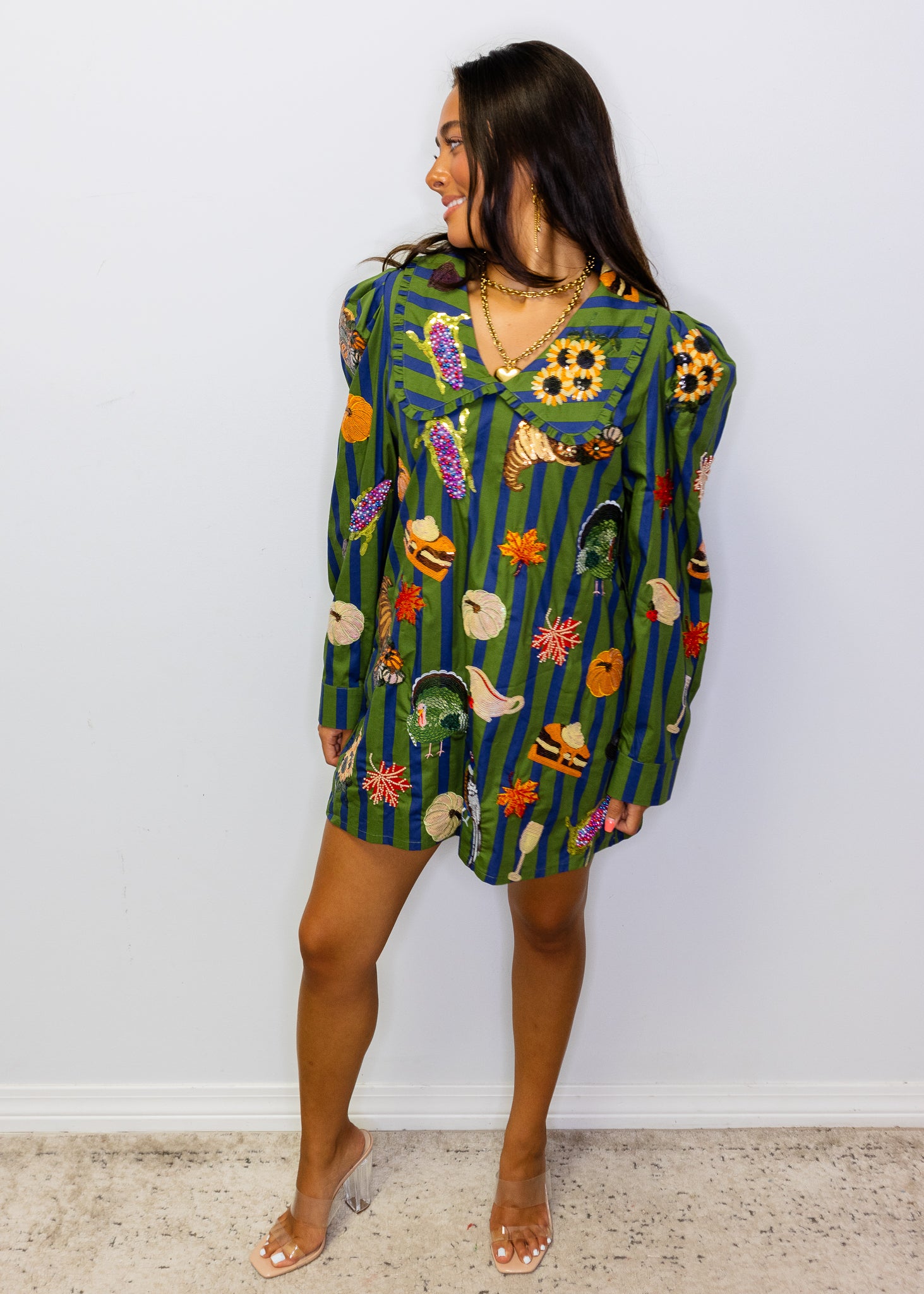 Dark Green & Blue Striped Thanksgiving Icon Collar Cotton Dress
