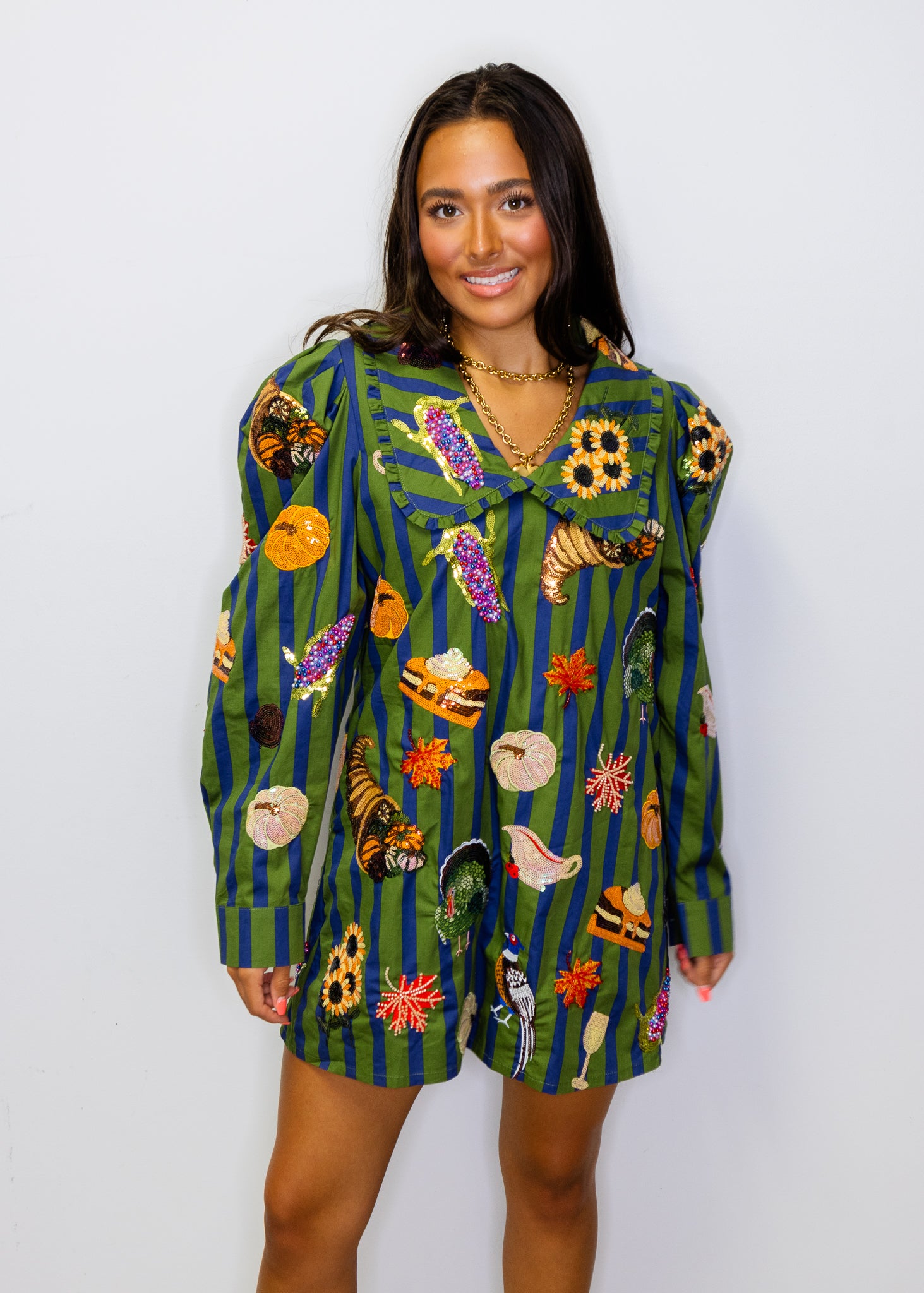 Dark Green & Blue Striped Thanksgiving Icon Collar Cotton Dress