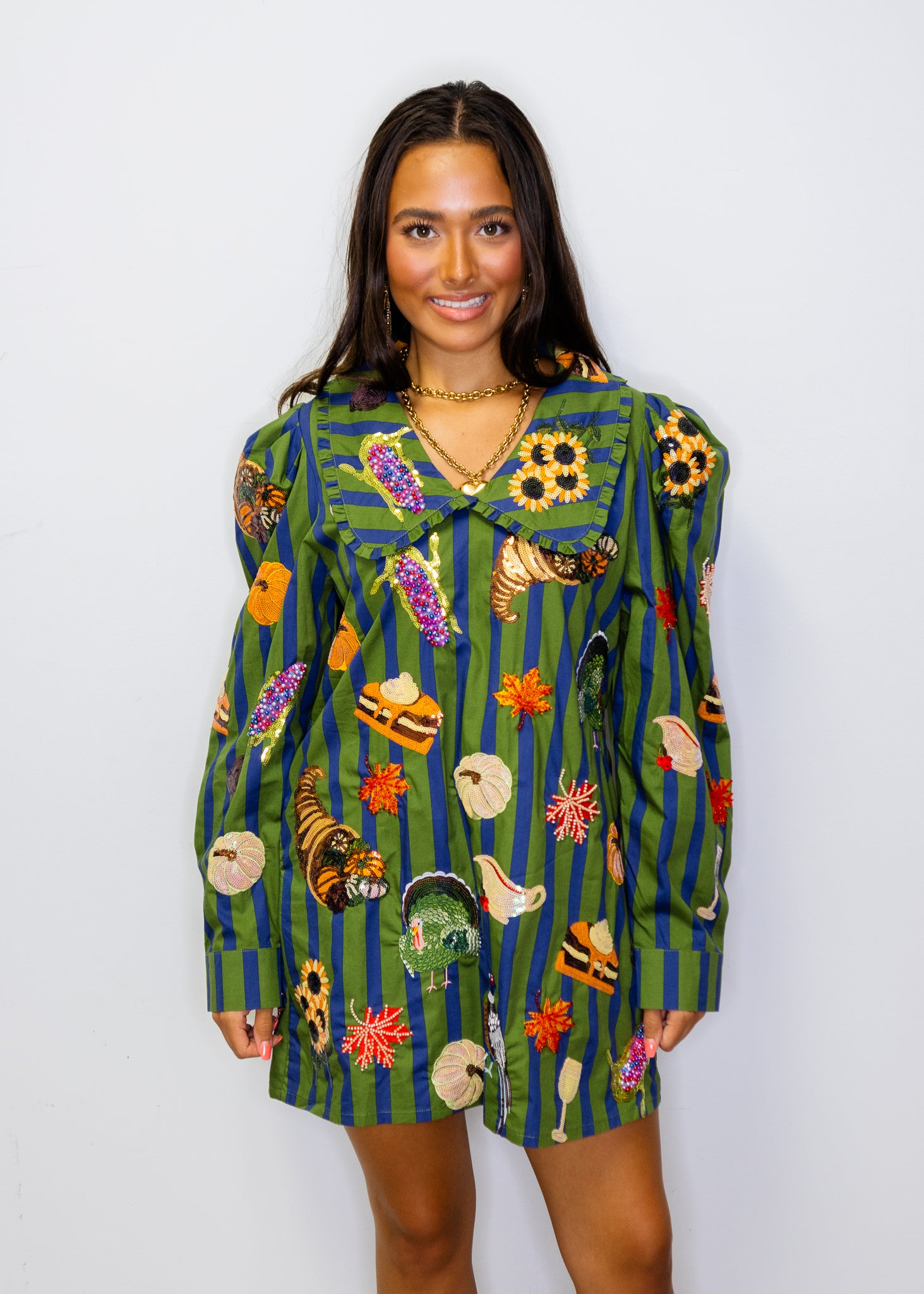 Dark Green & Blue Striped Thanksgiving Icon Collar Cotton Dress