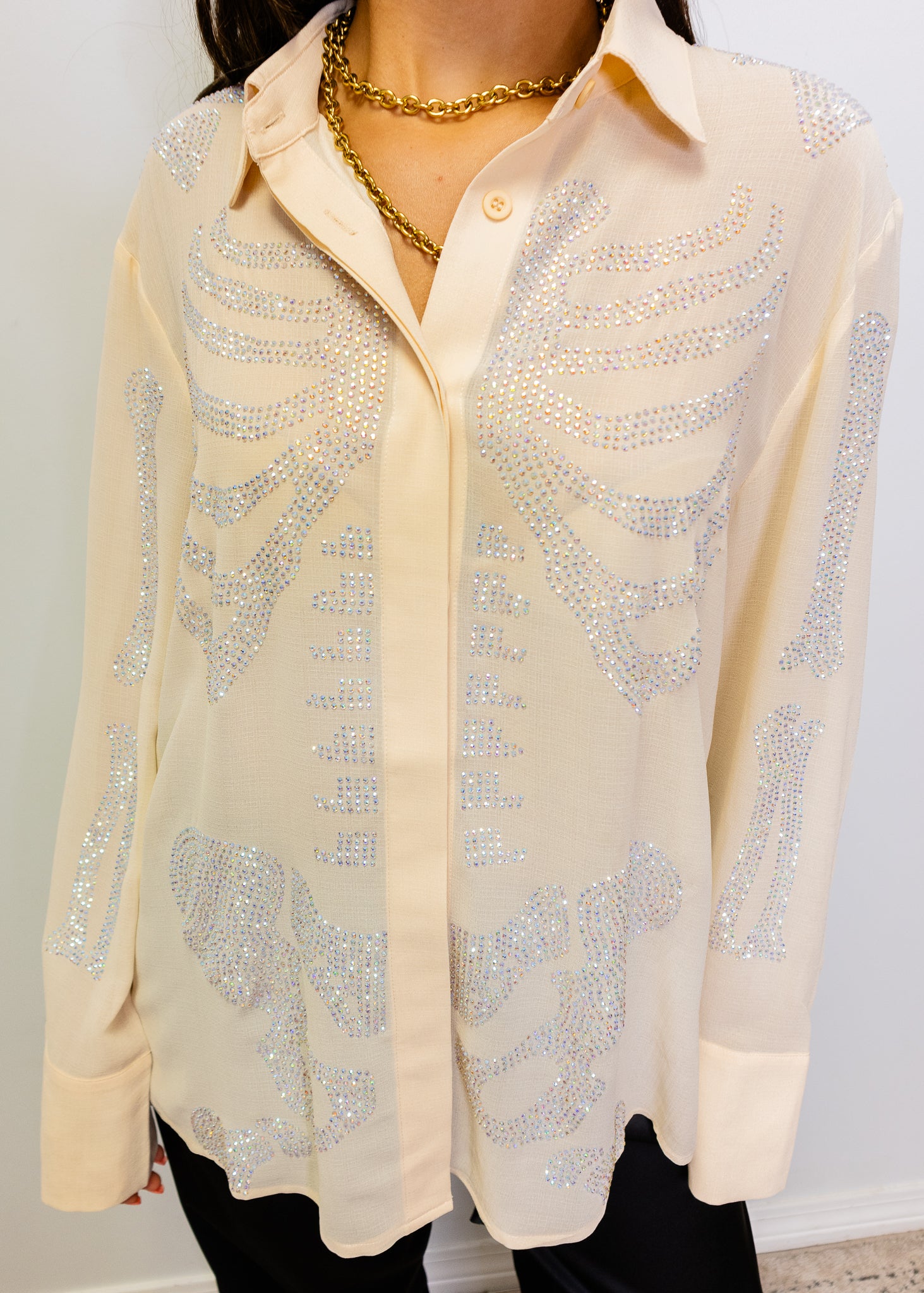 Beige Silk Rhinestone Skeleton Button Down Top