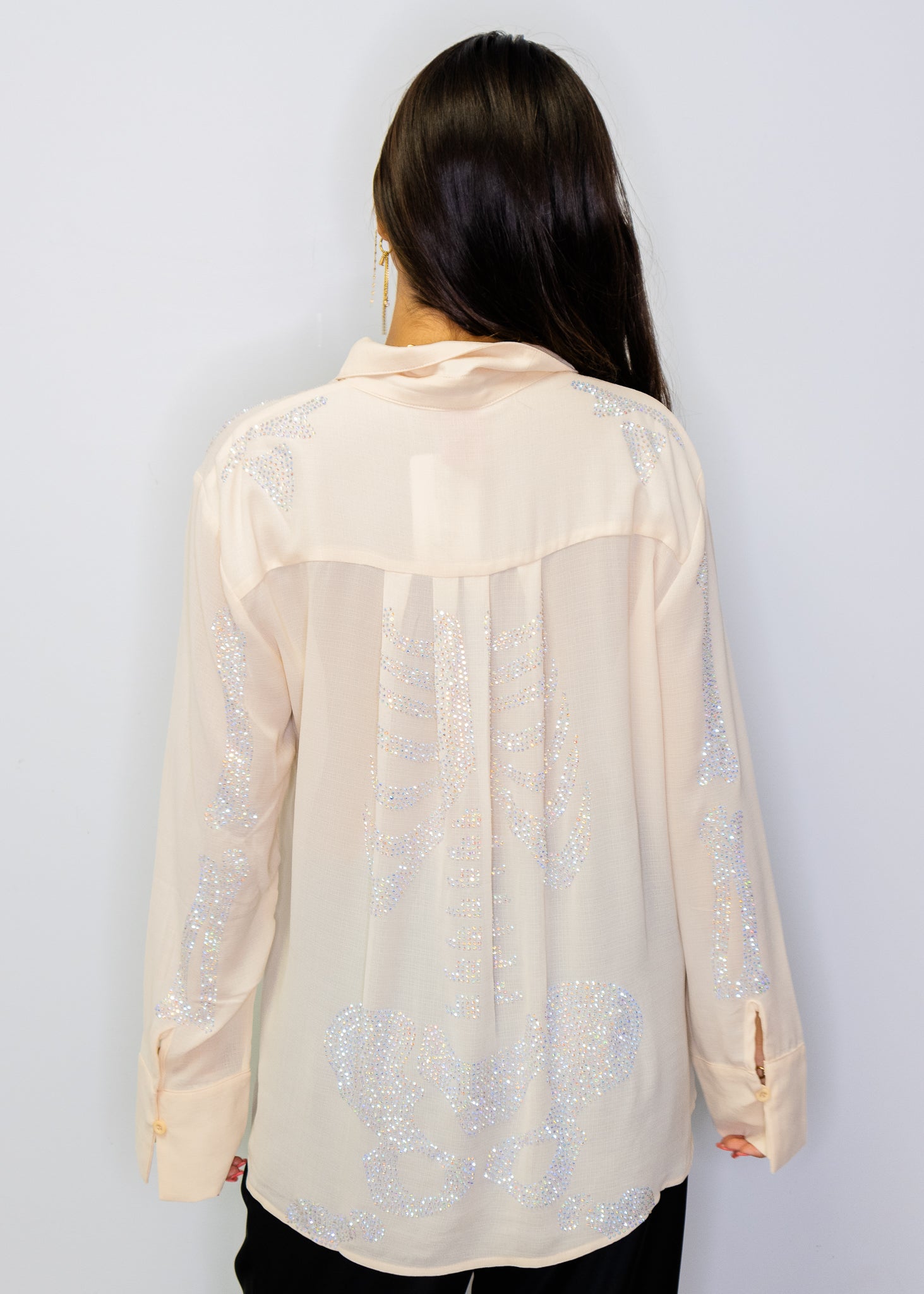 Beige Silk Rhinestone Skeleton Button Down Top