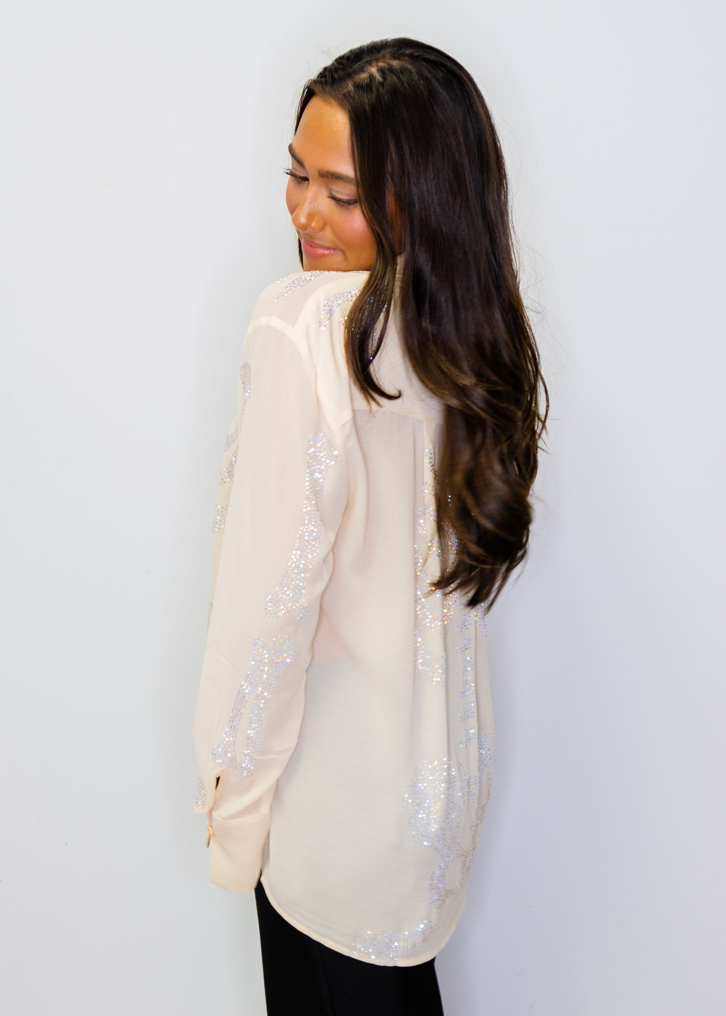 Beige Silk Rhinestone Skeleton Button Down Top