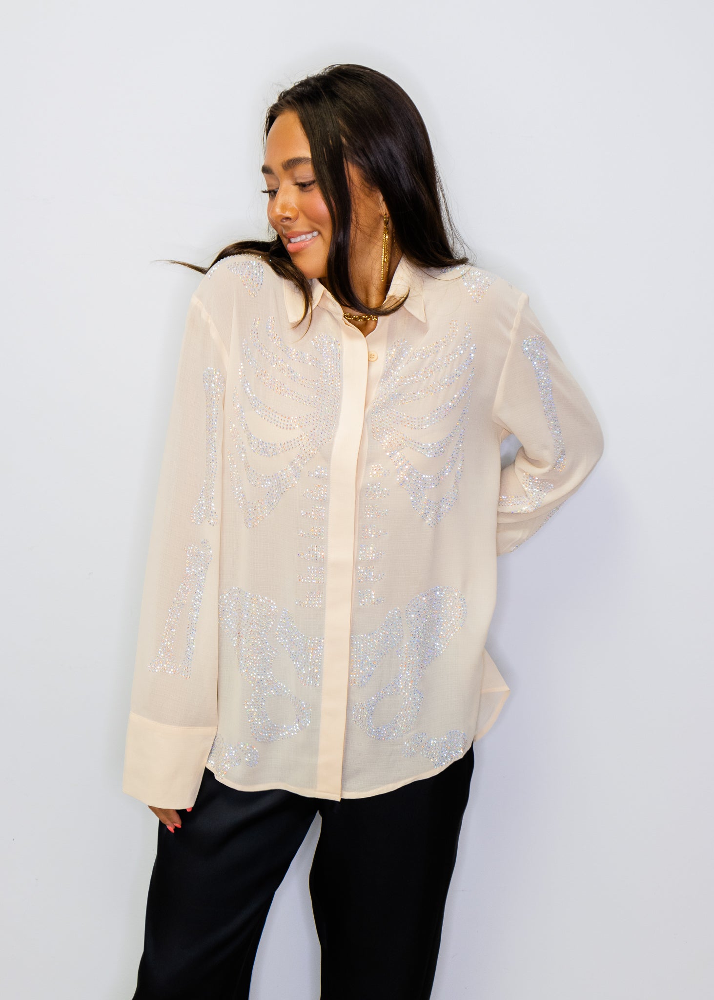 Beige Silk Rhinestone Skeleton Button Down Top