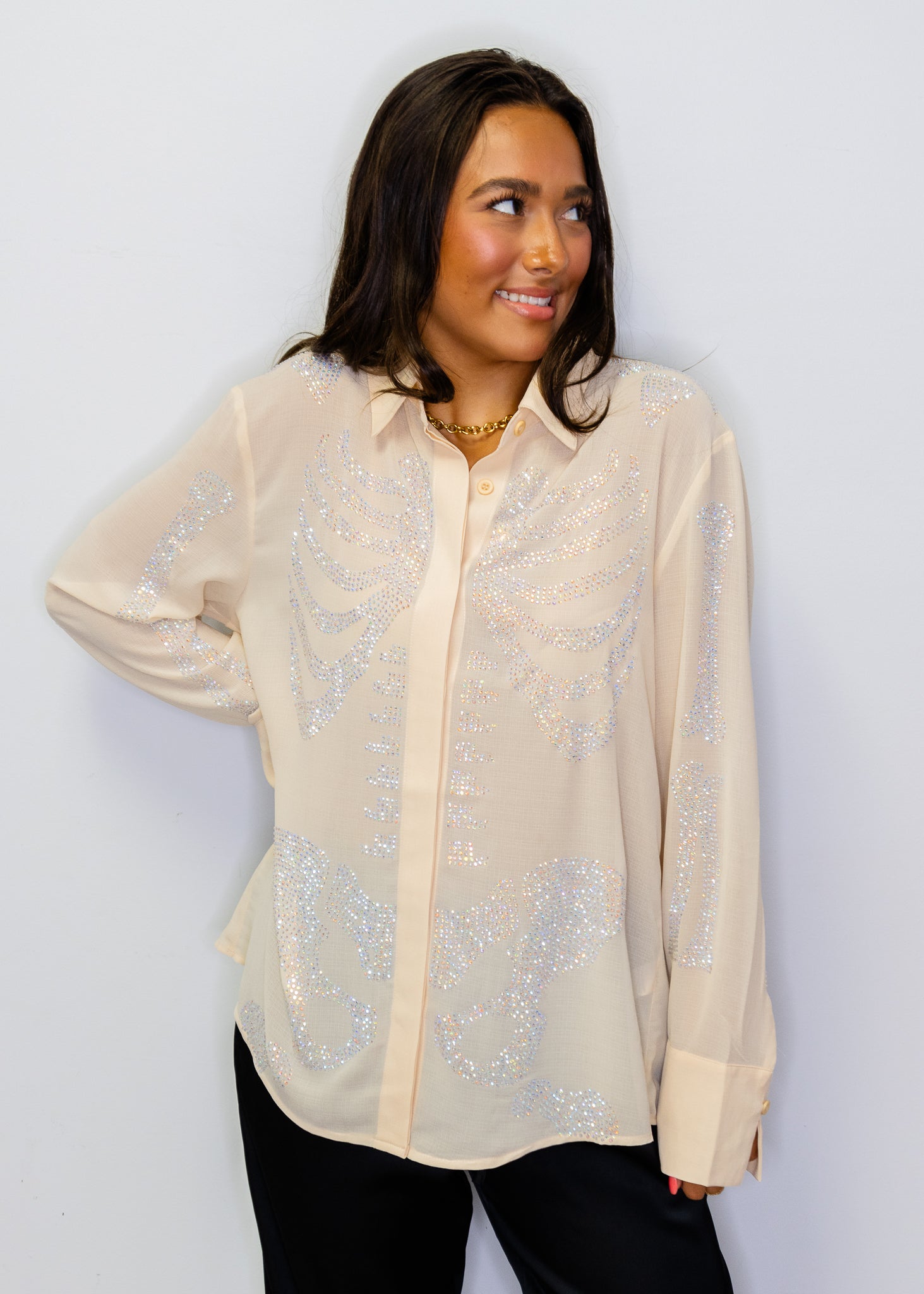Beige Silk Rhinestone Skeleton Button Down Top