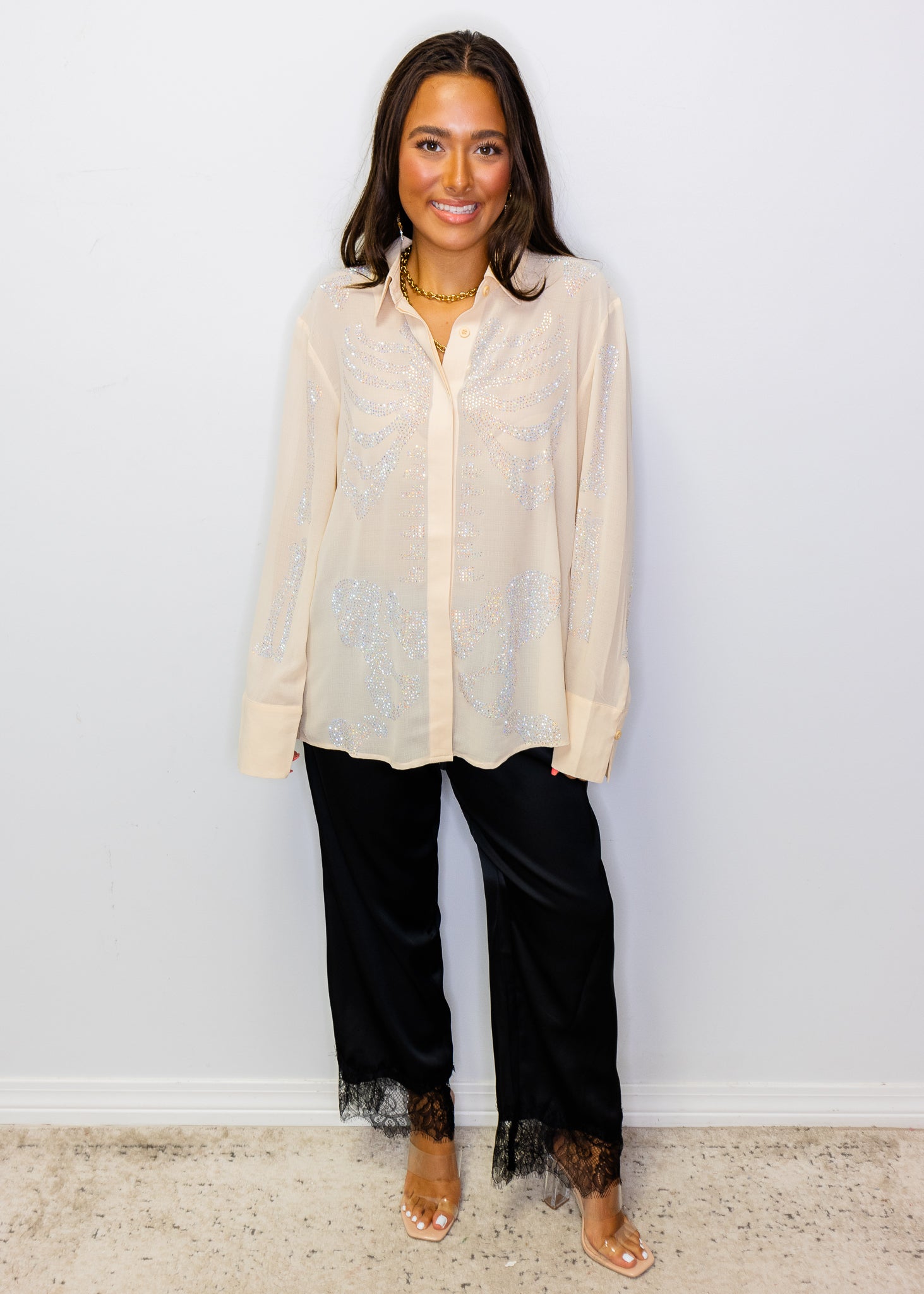 Beige Silk Rhinestone Skeleton Button Down Top