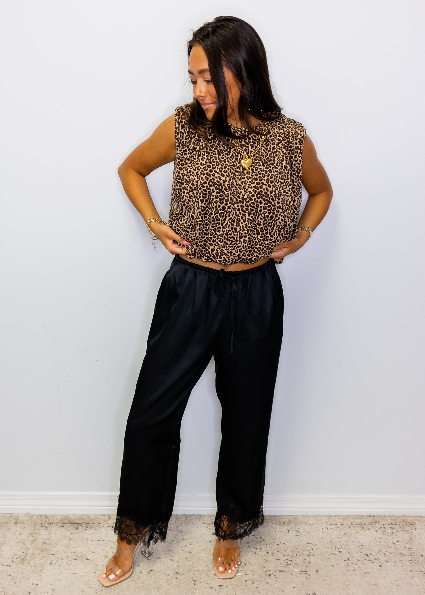 Black Satin Lace Trim Pants