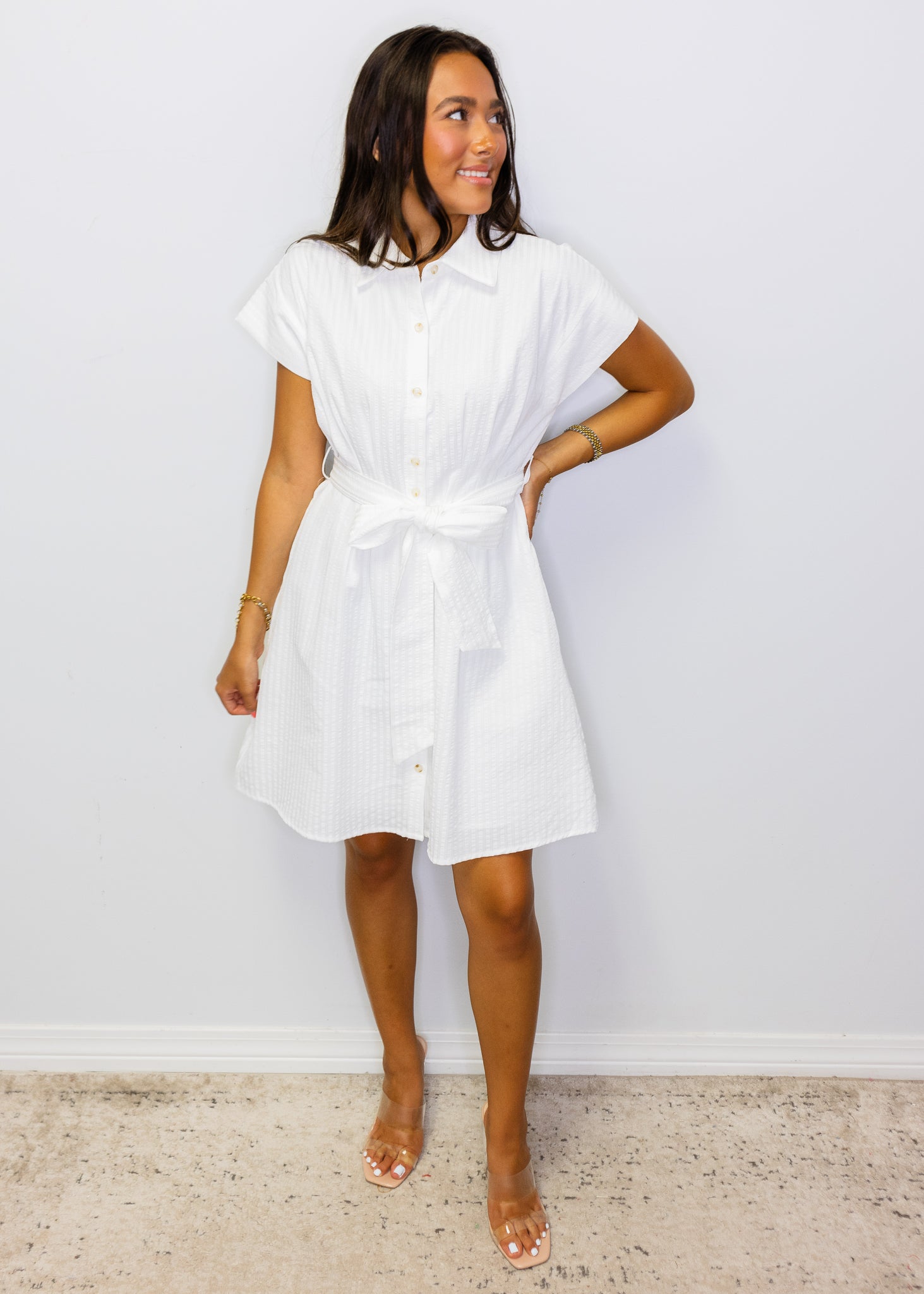 White Pintuck Tie Waist Dress