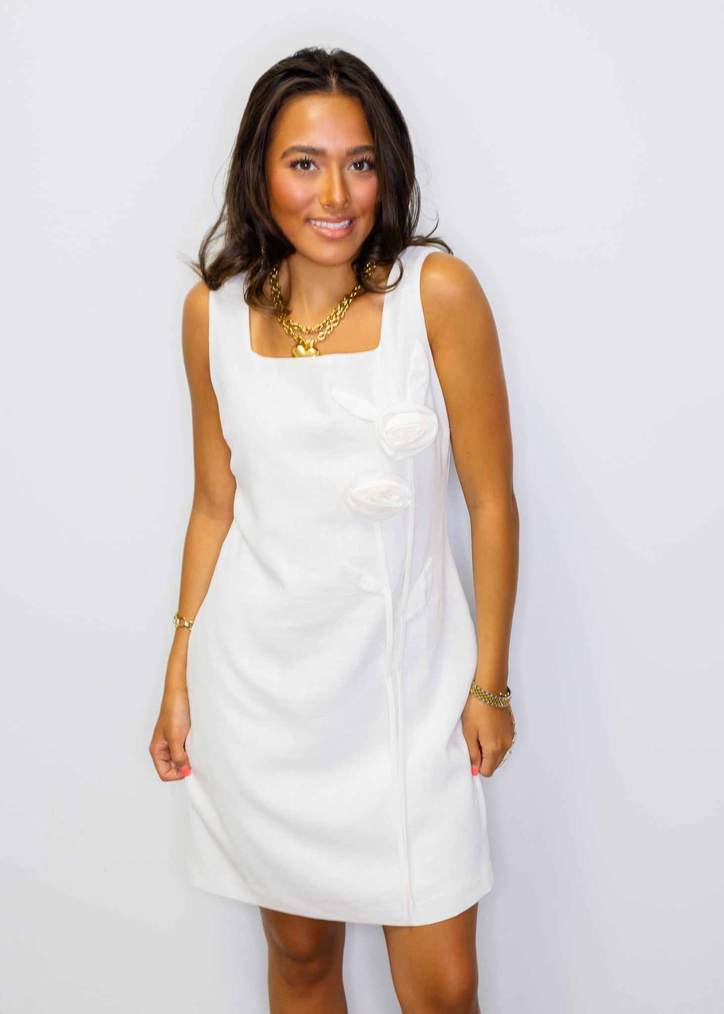 White Linen Flower A-Line Dress
