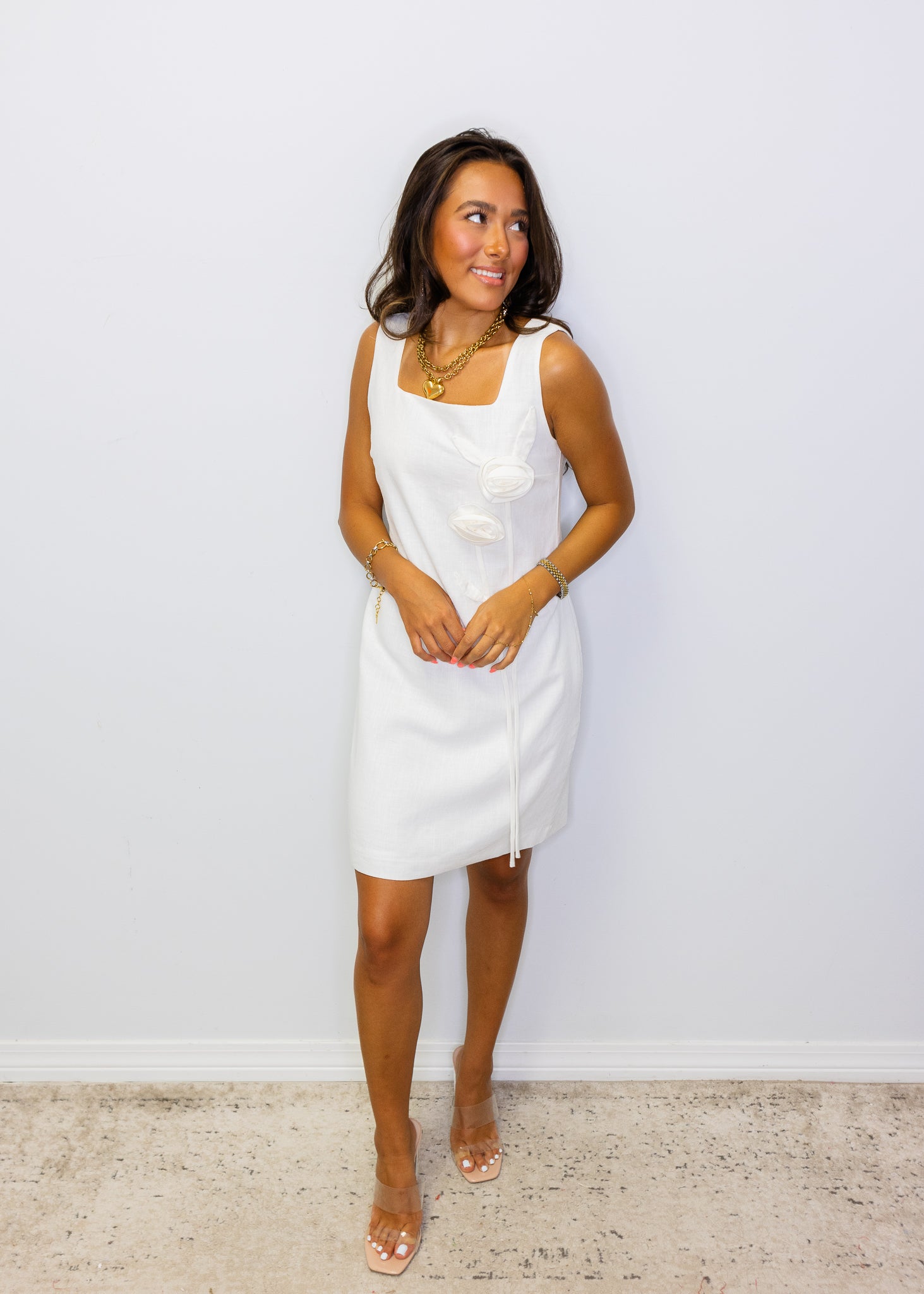 White Linen Flower A-Line Dress