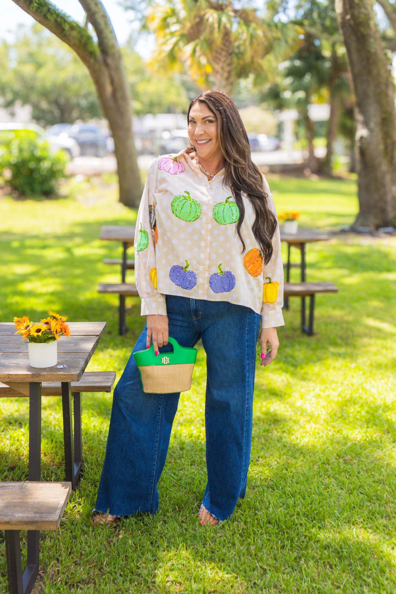 Beige & White Polkadot Multi Pumpkin Cotton Button Up Top