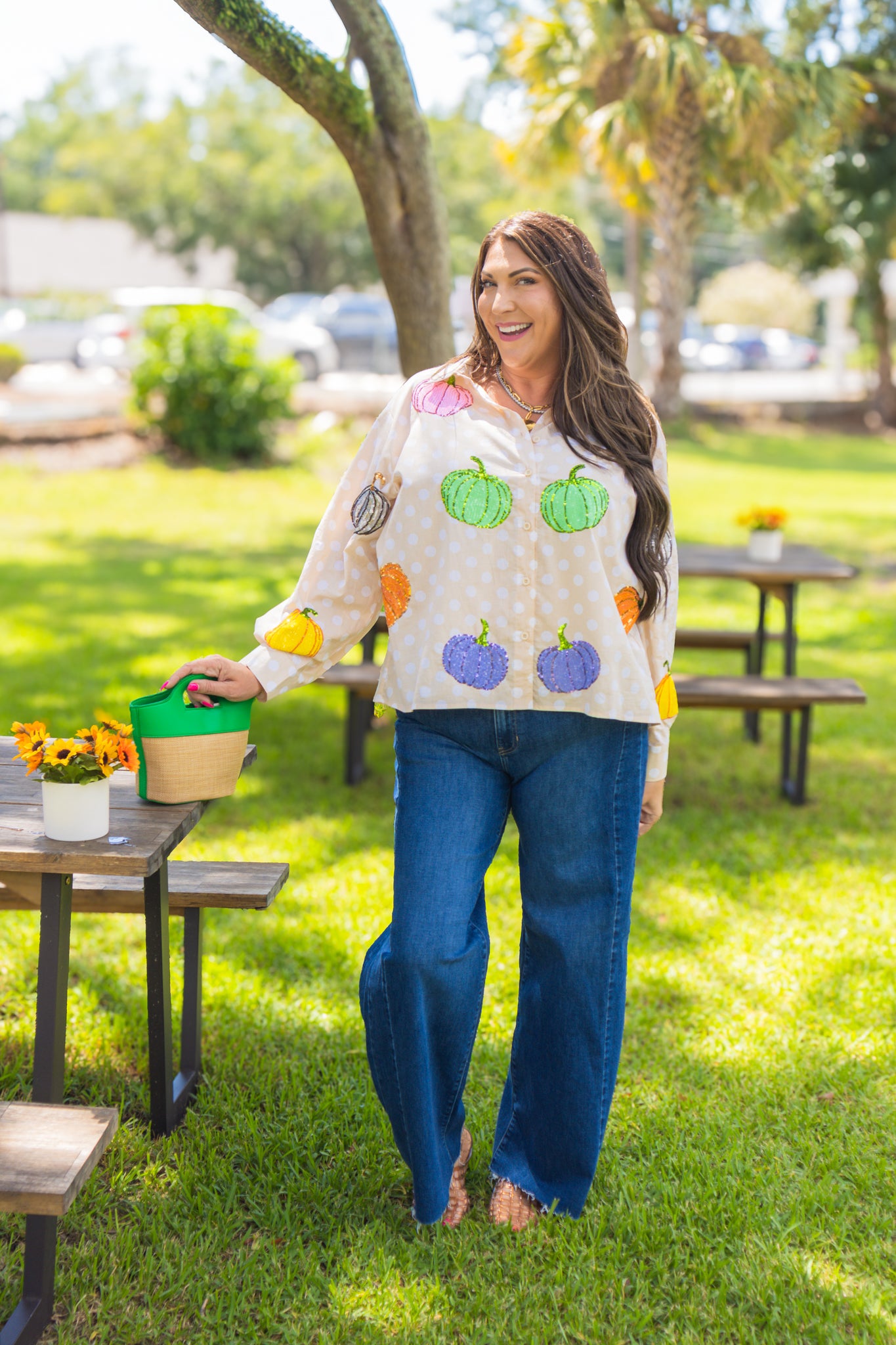 Beige & White Polkadot Multi Pumpkin Cotton Button Up Top