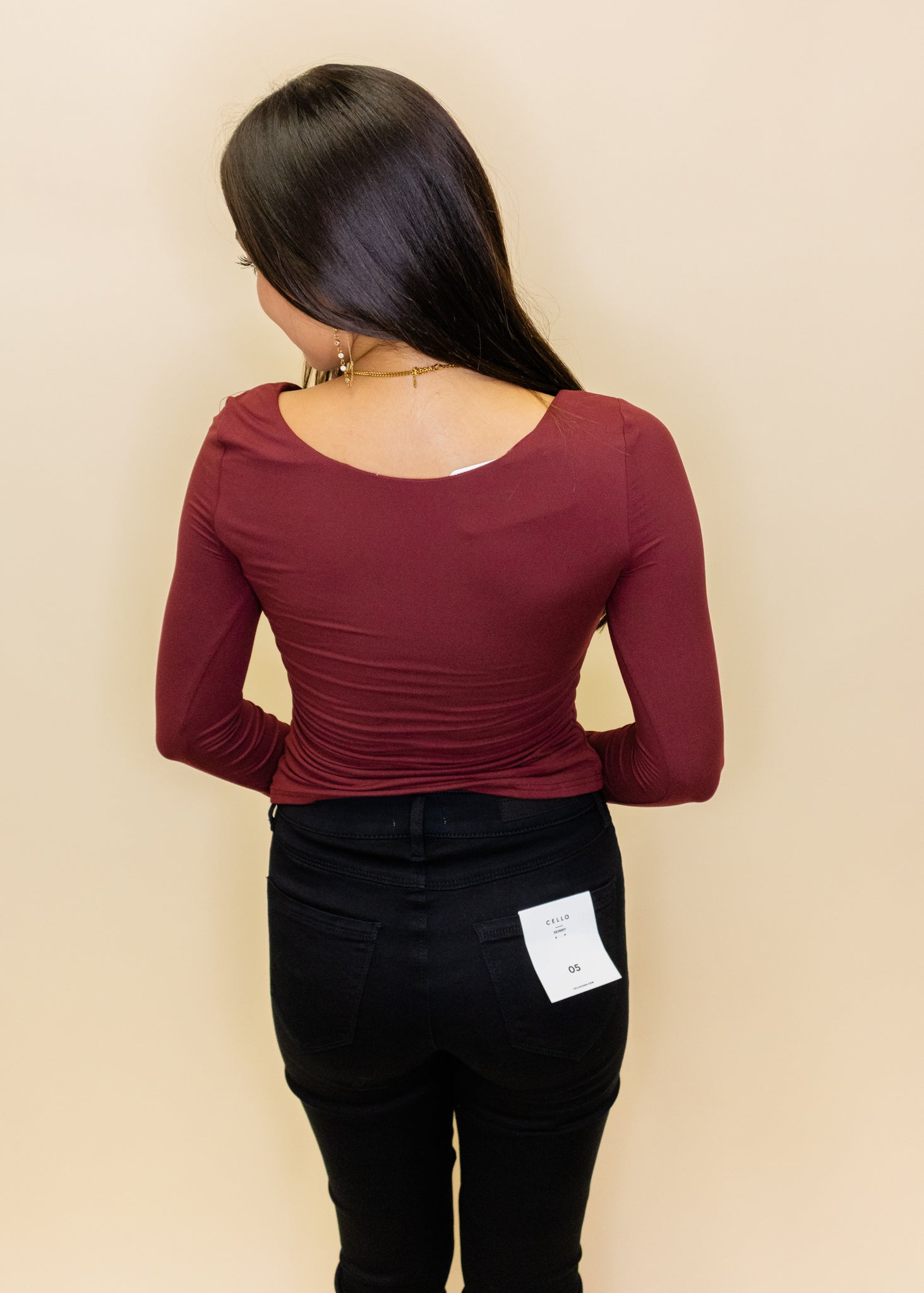 Burgundy Scooped Neckline With Long Sleeve Top