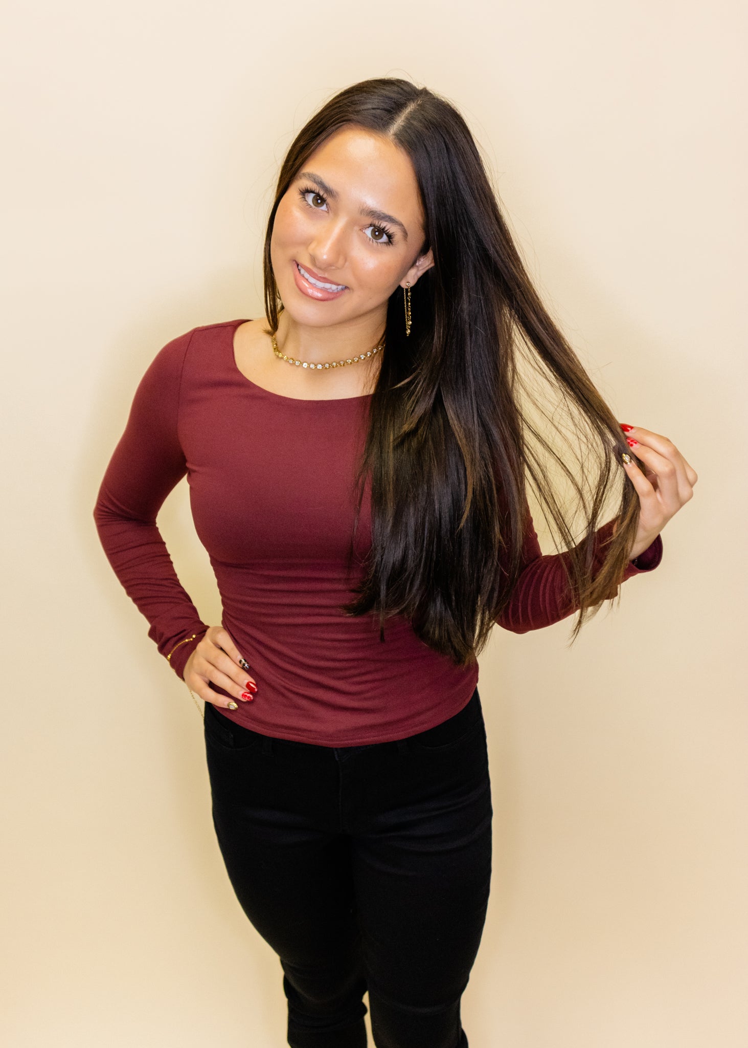 Burgundy Scooped Neckline With Long Sleeve Top