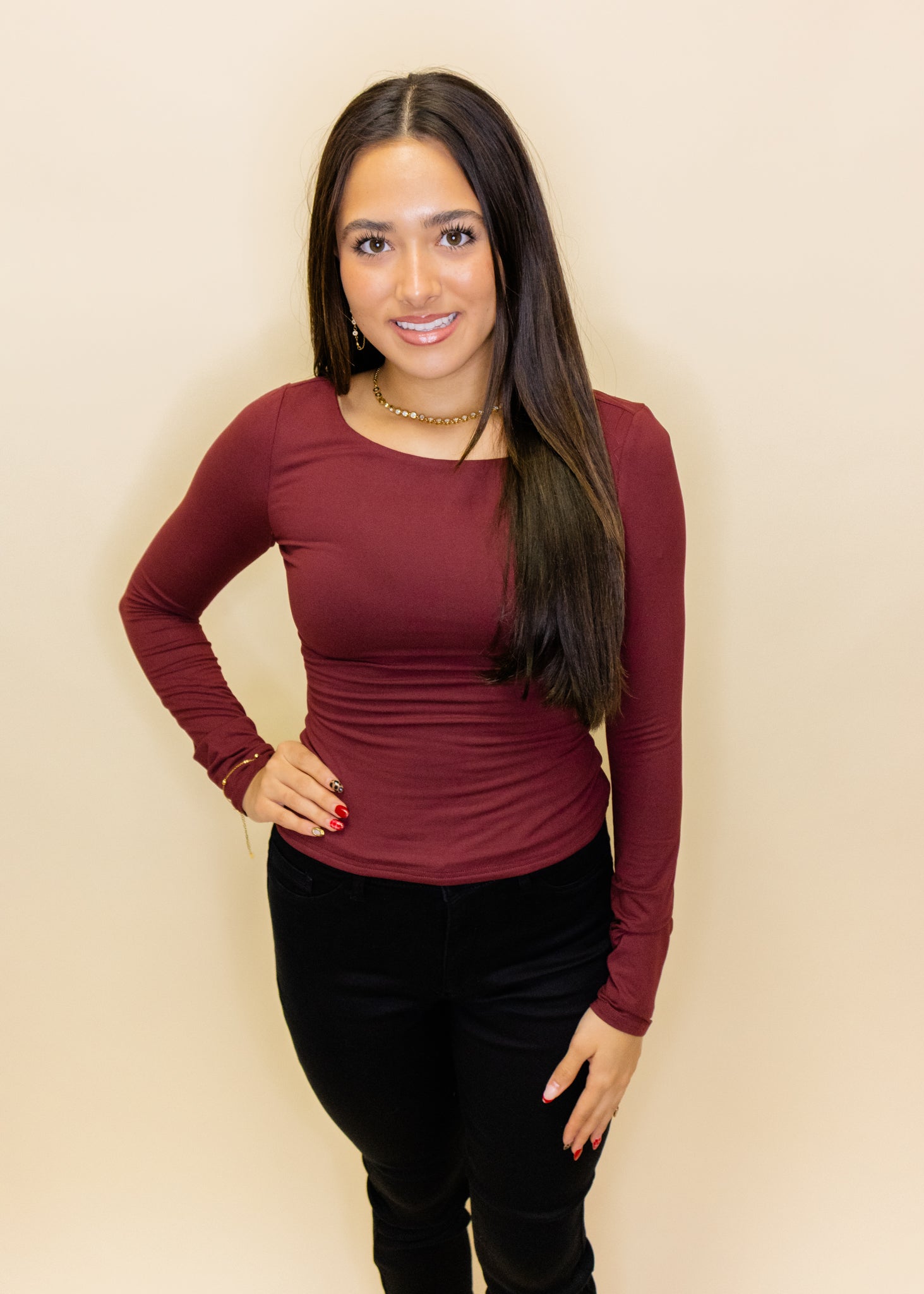 Burgundy Scooped Neckline With Long Sleeve Top