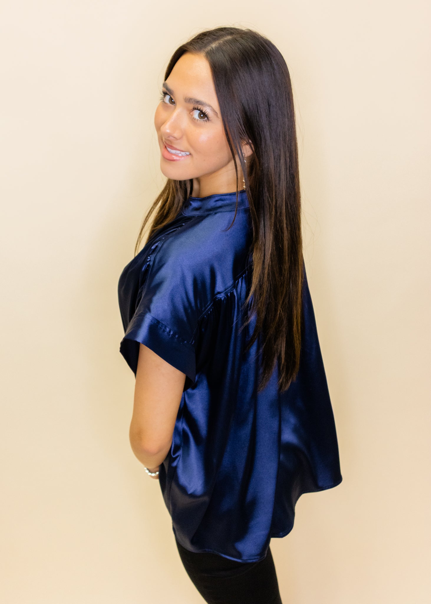 Emerson Navy Short Sleeve Placket Top