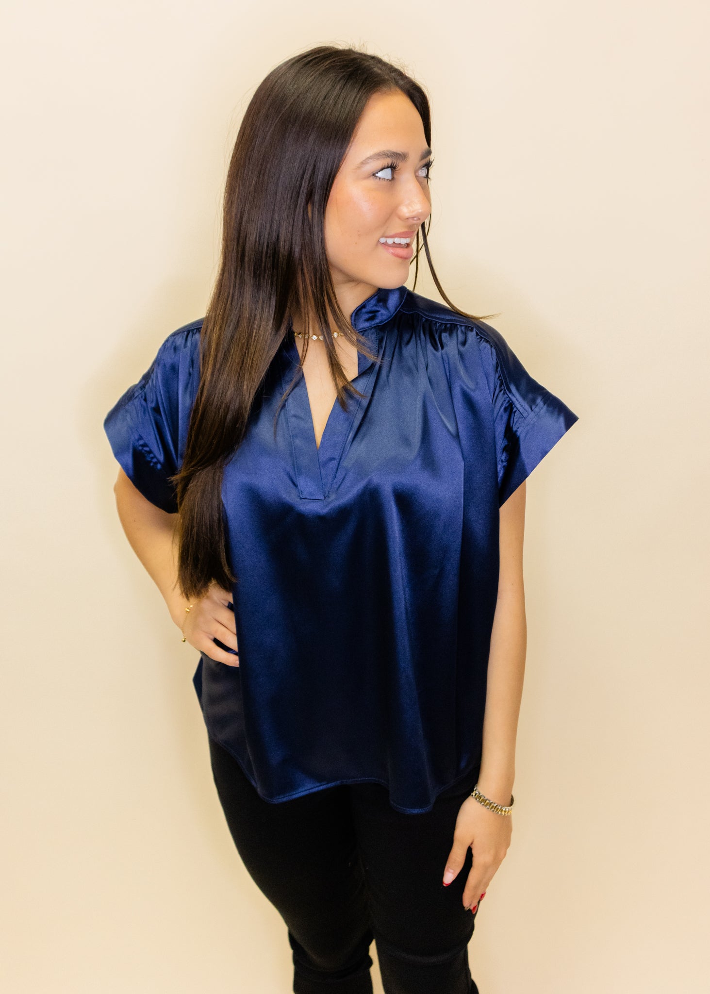 Emerson Navy Short Sleeve Placket Top