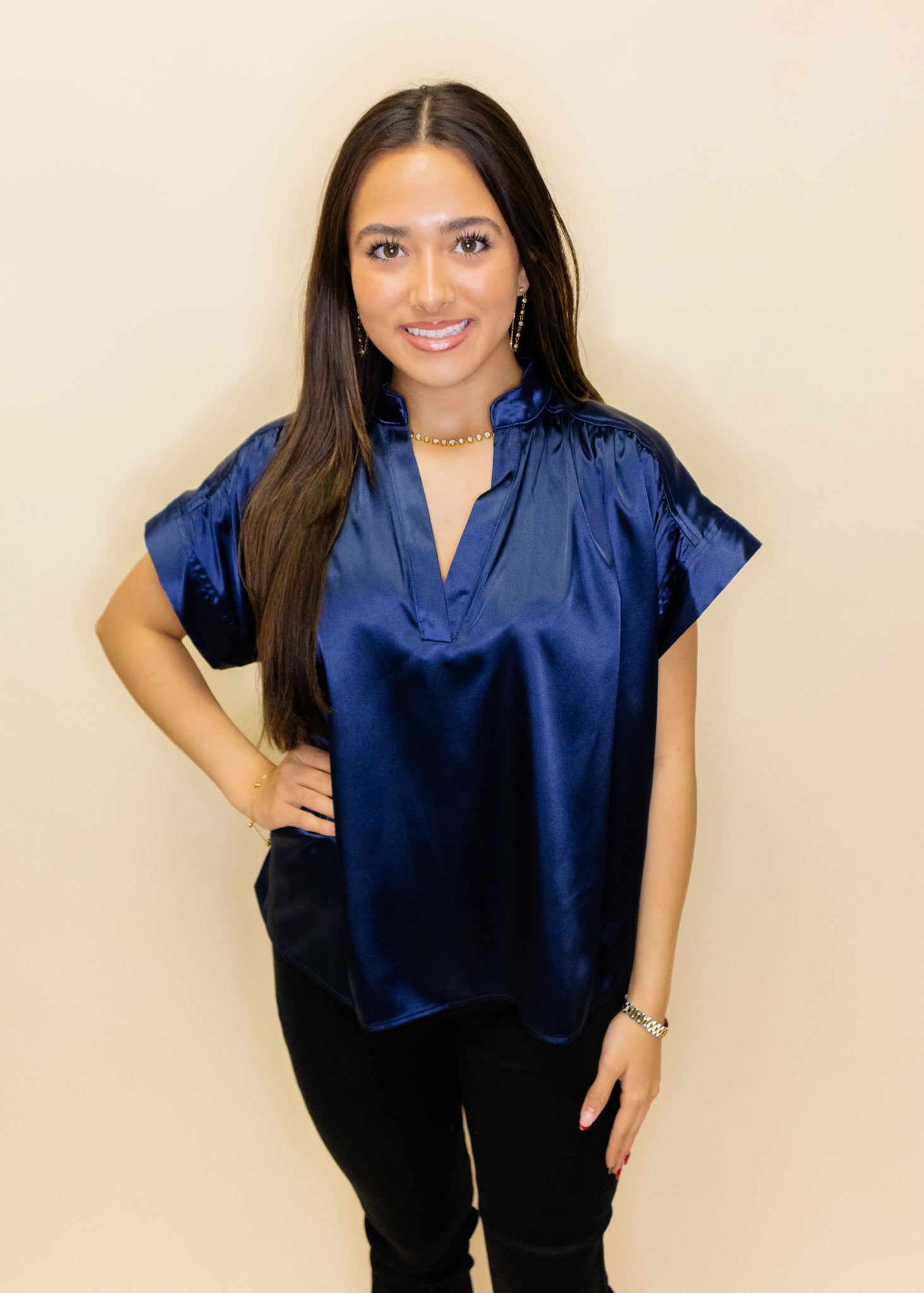 Emerson Navy Short Sleeve Placket Top