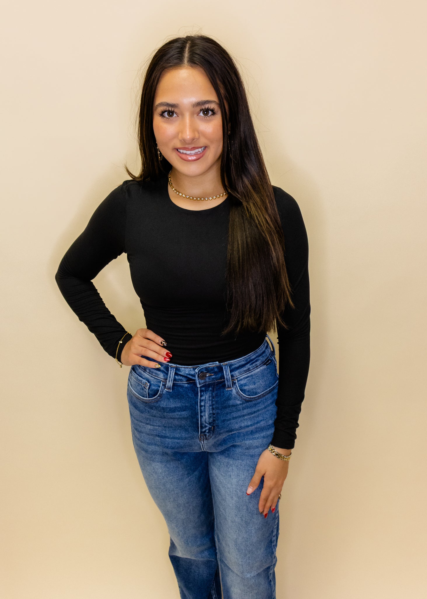 Black Long Sleeve Round Neck Bodysuit