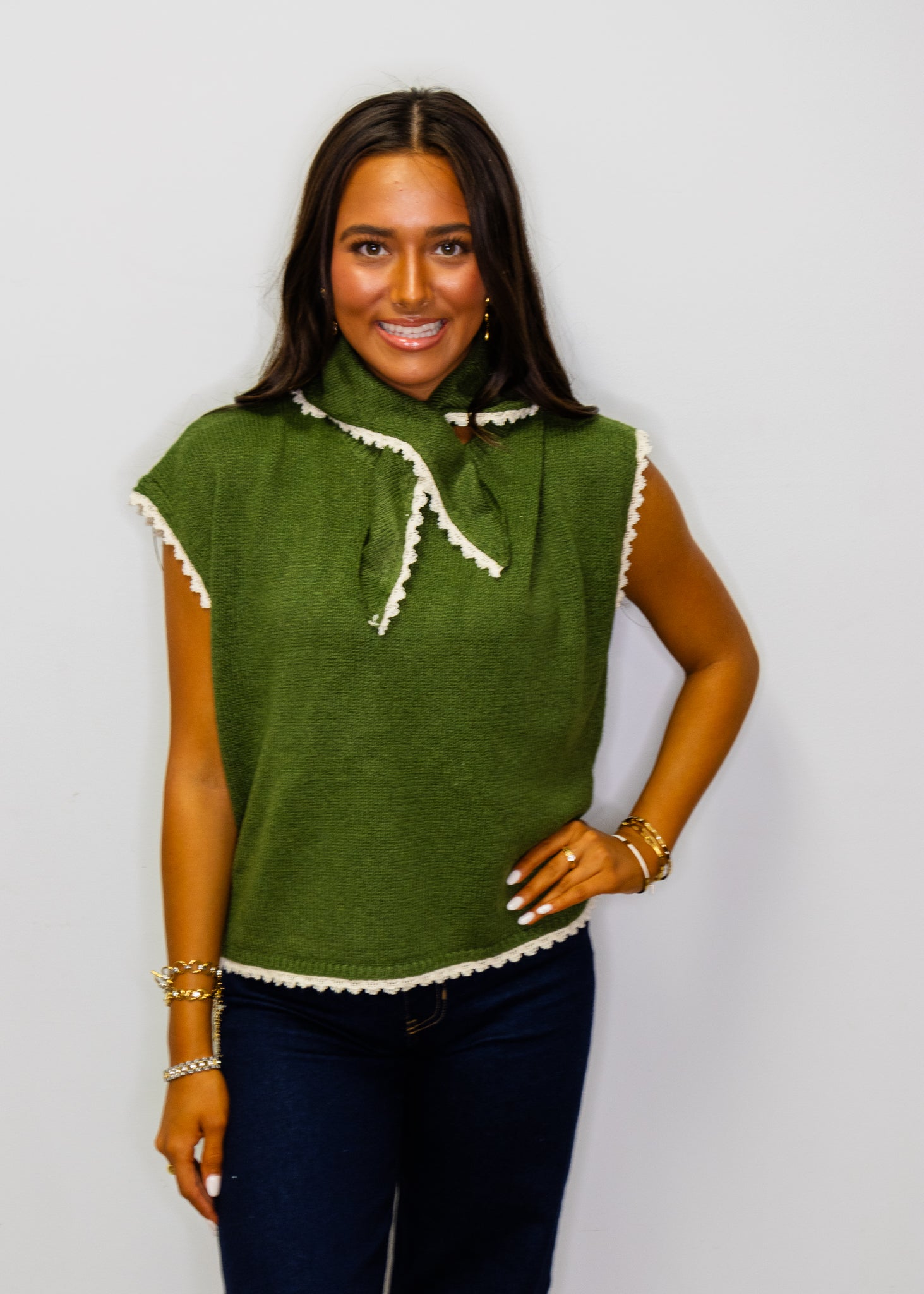 Olive Scallop Scarf Detail Top