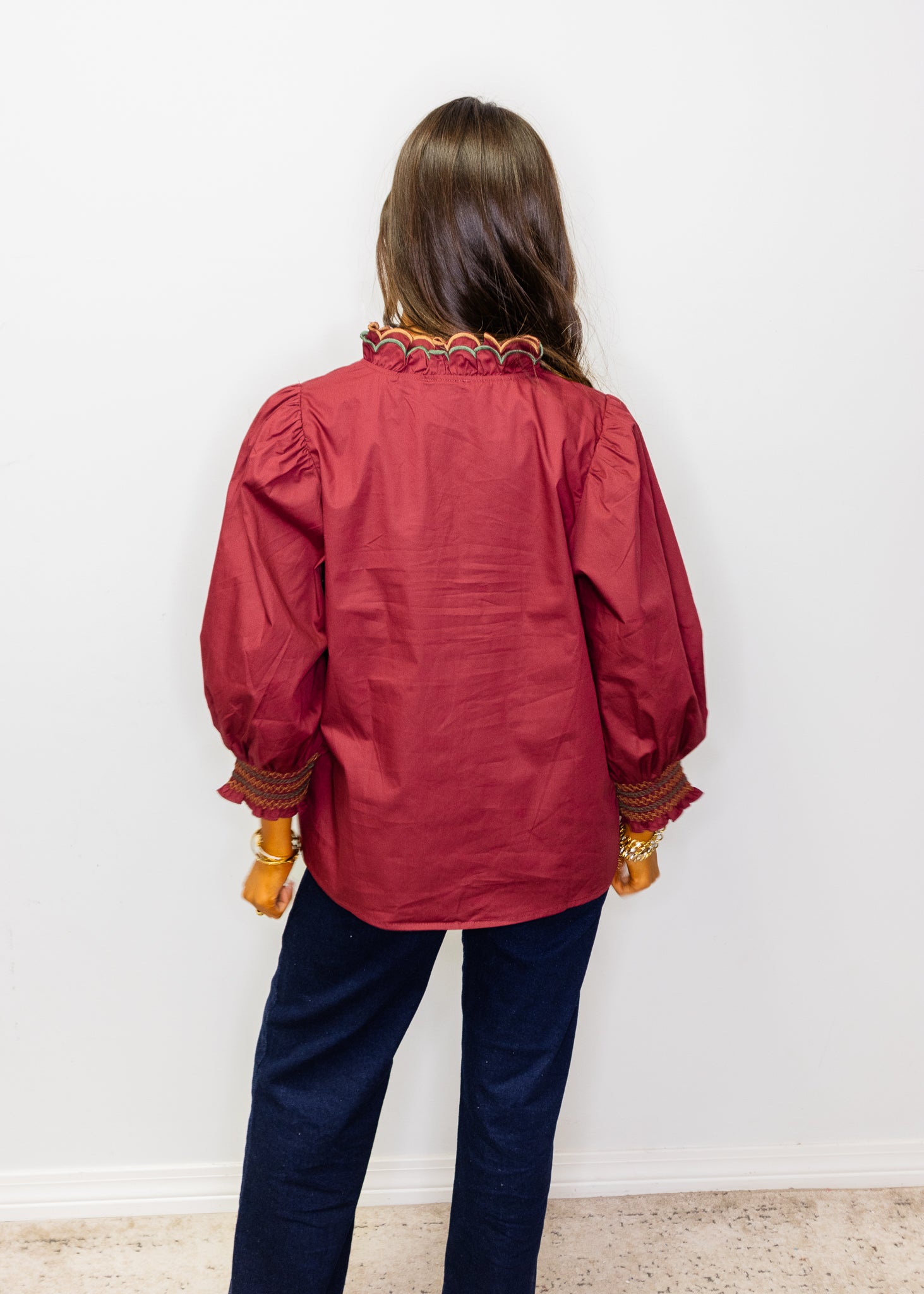 Burgundy Embroidered Scallop V Neckline Solid Top