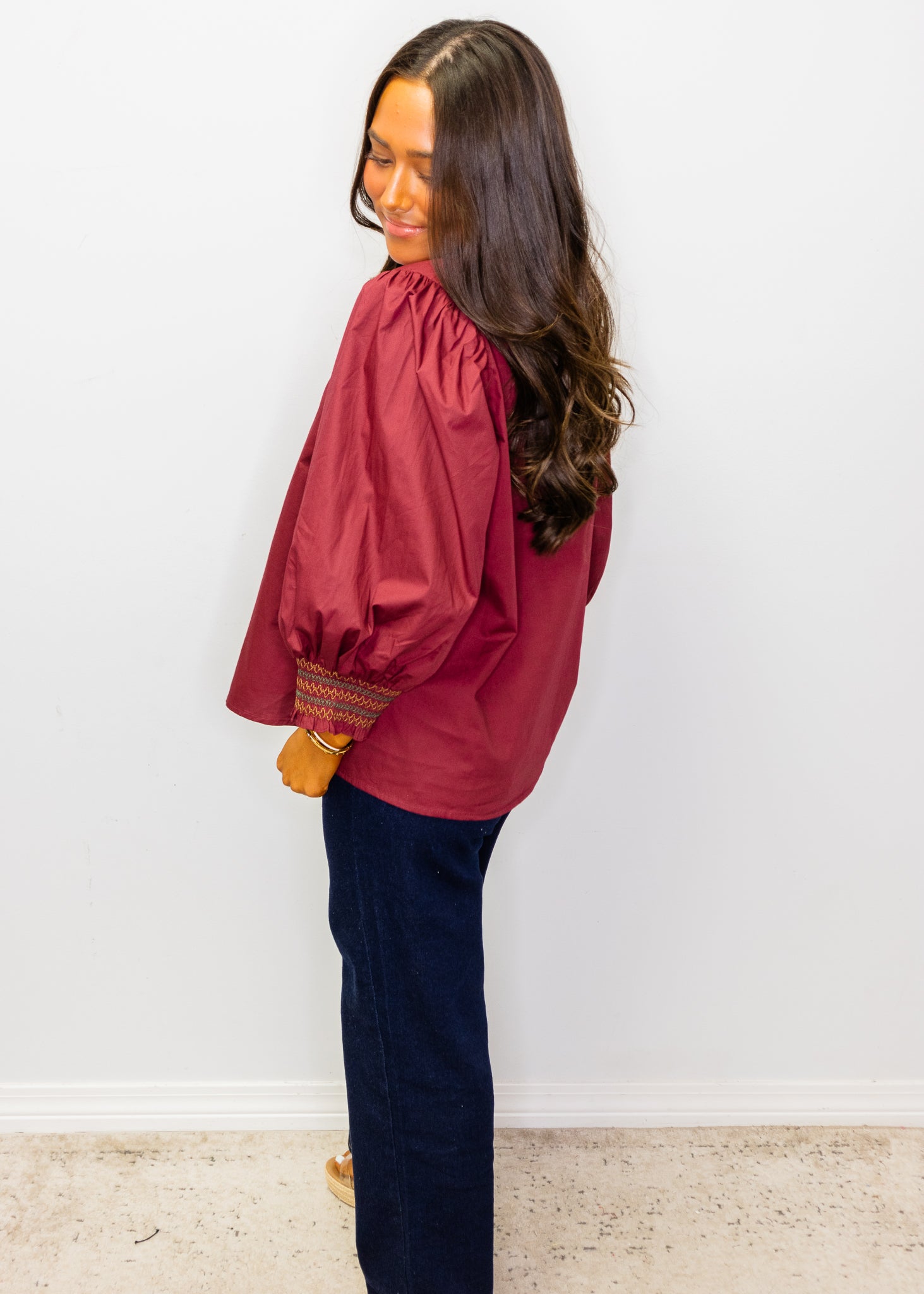 Burgundy Embroidered Scallop V Neckline Solid Top