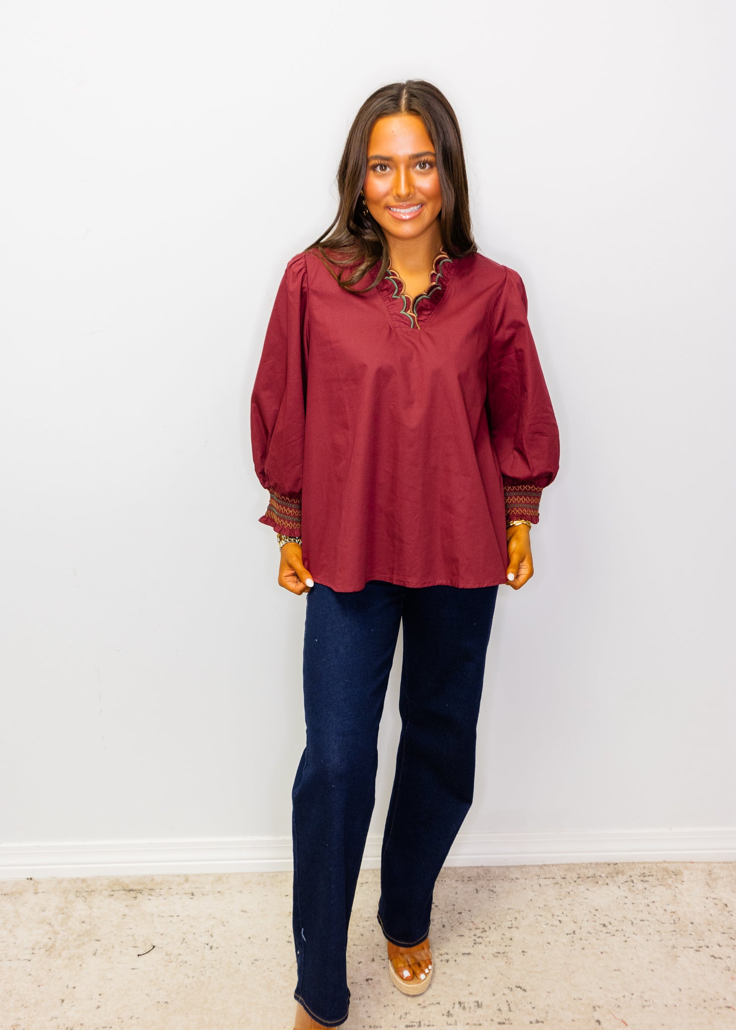 Burgundy Embroidered Scallop V Neckline Solid Top
