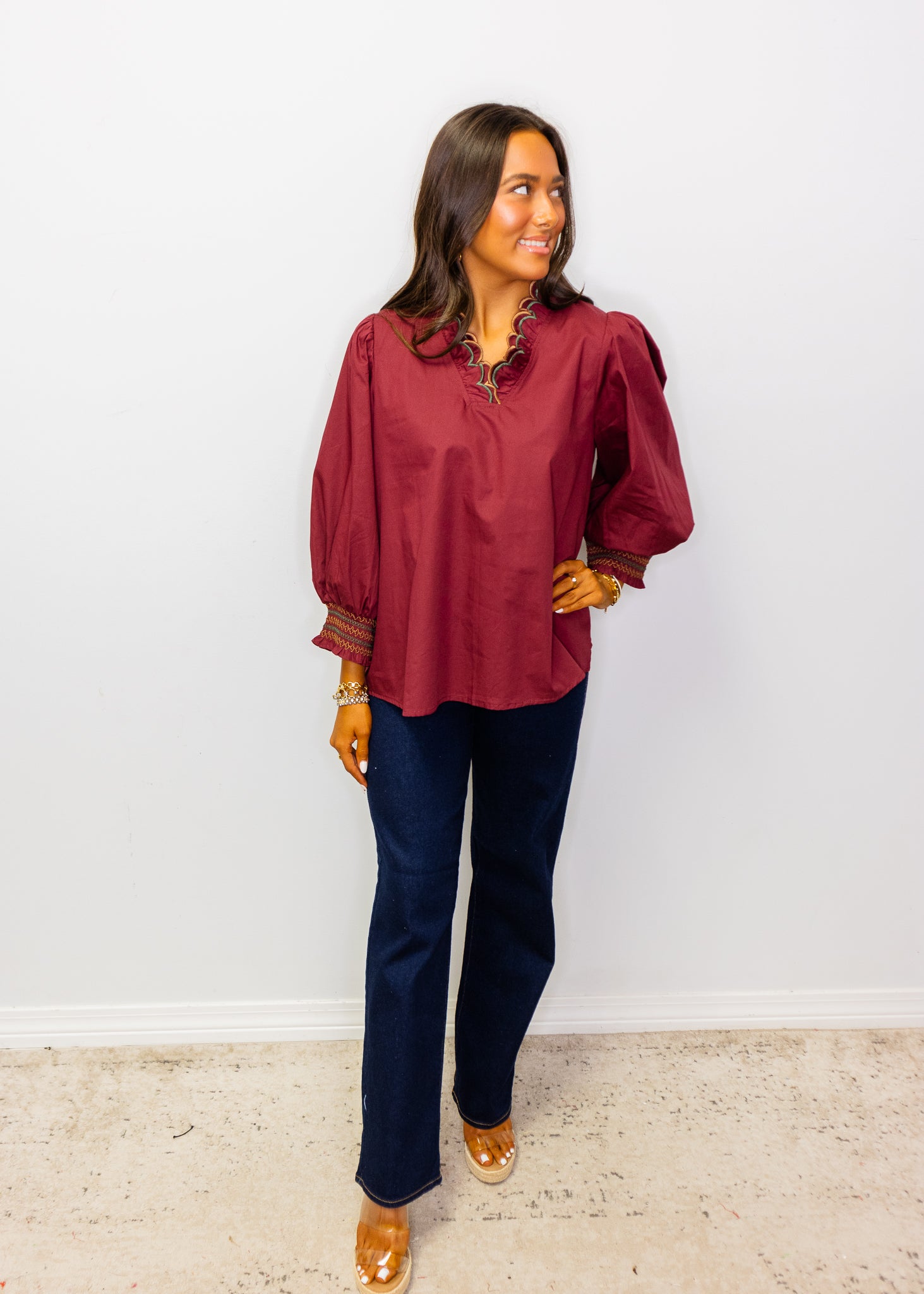 Burgundy Embroidered Scallop V Neckline Solid Top