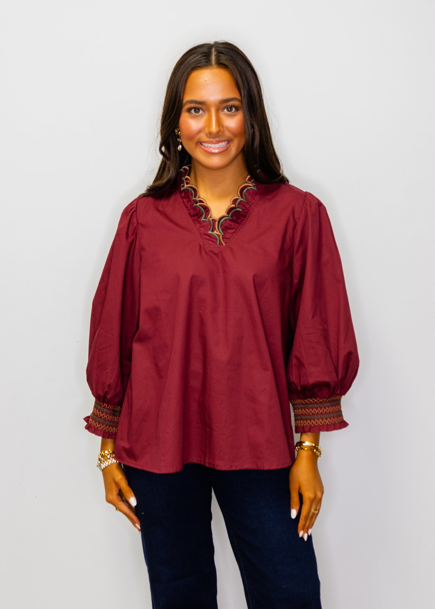 Burgundy Embroidered Scallop V Neckline Solid Top