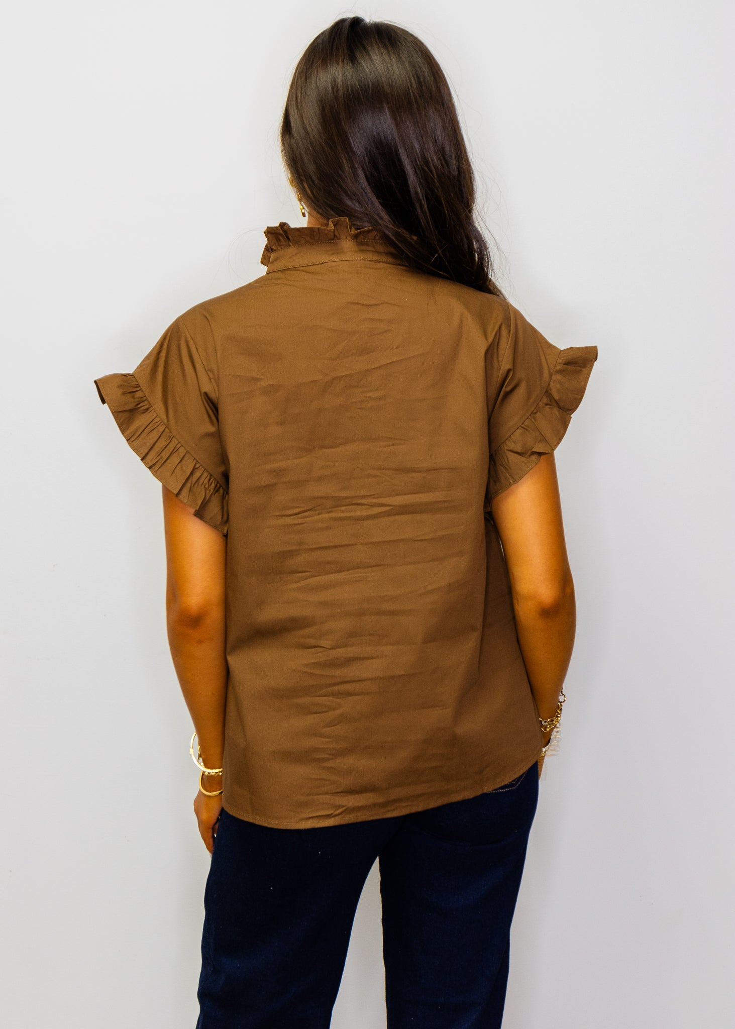 Brown Ruffled Detail Woven Top