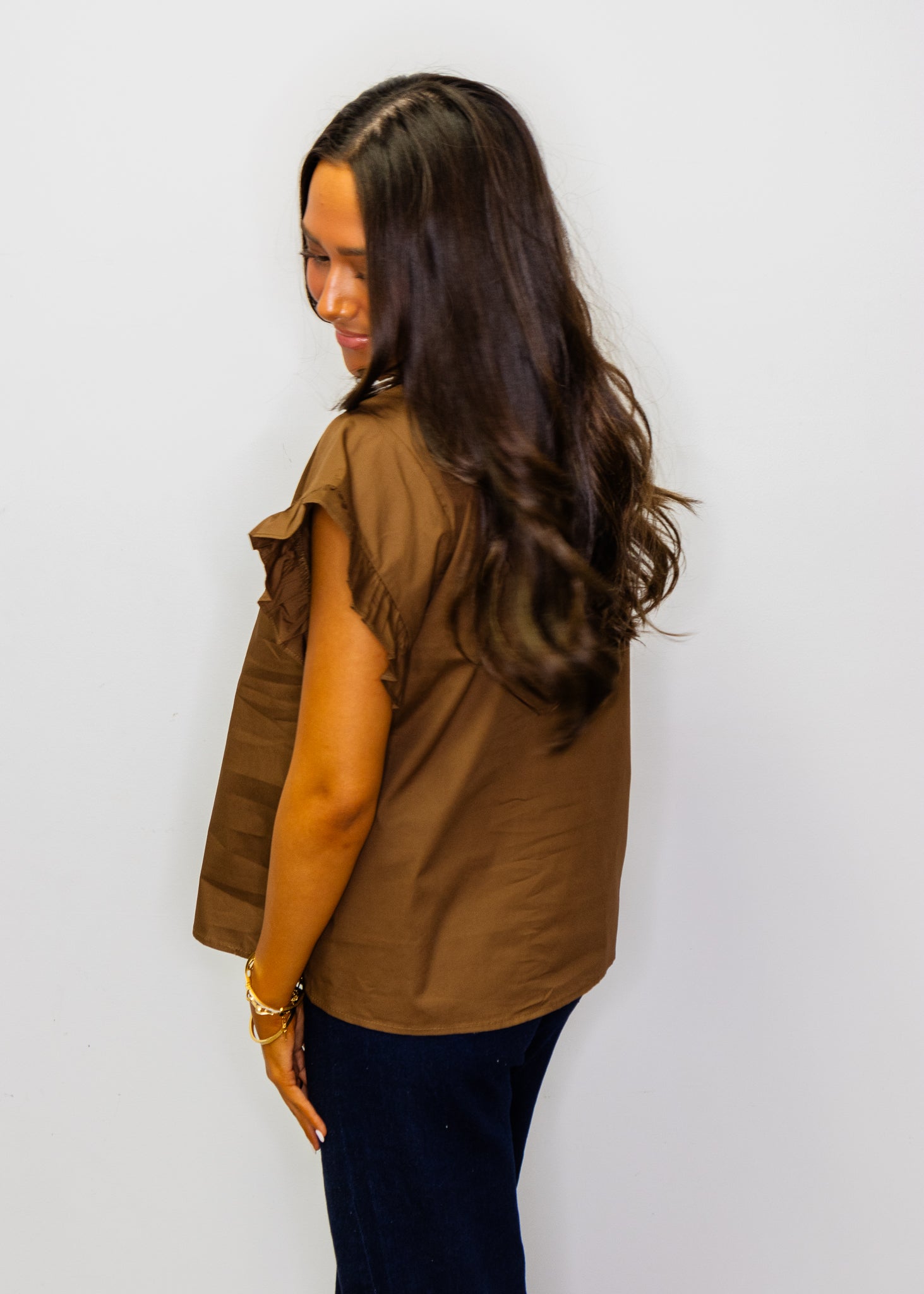 Brown Ruffled Detail Woven Top