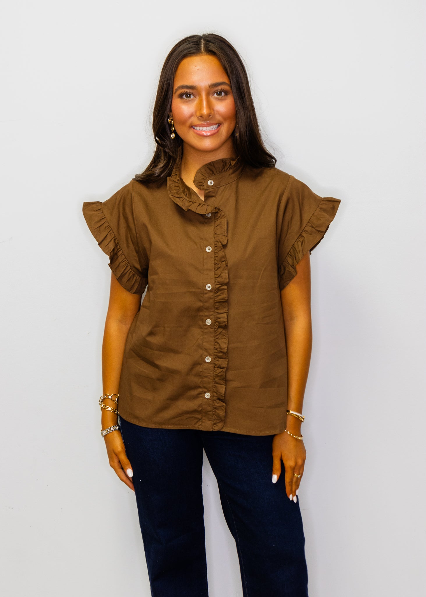 Brown Ruffled Detail Woven Top