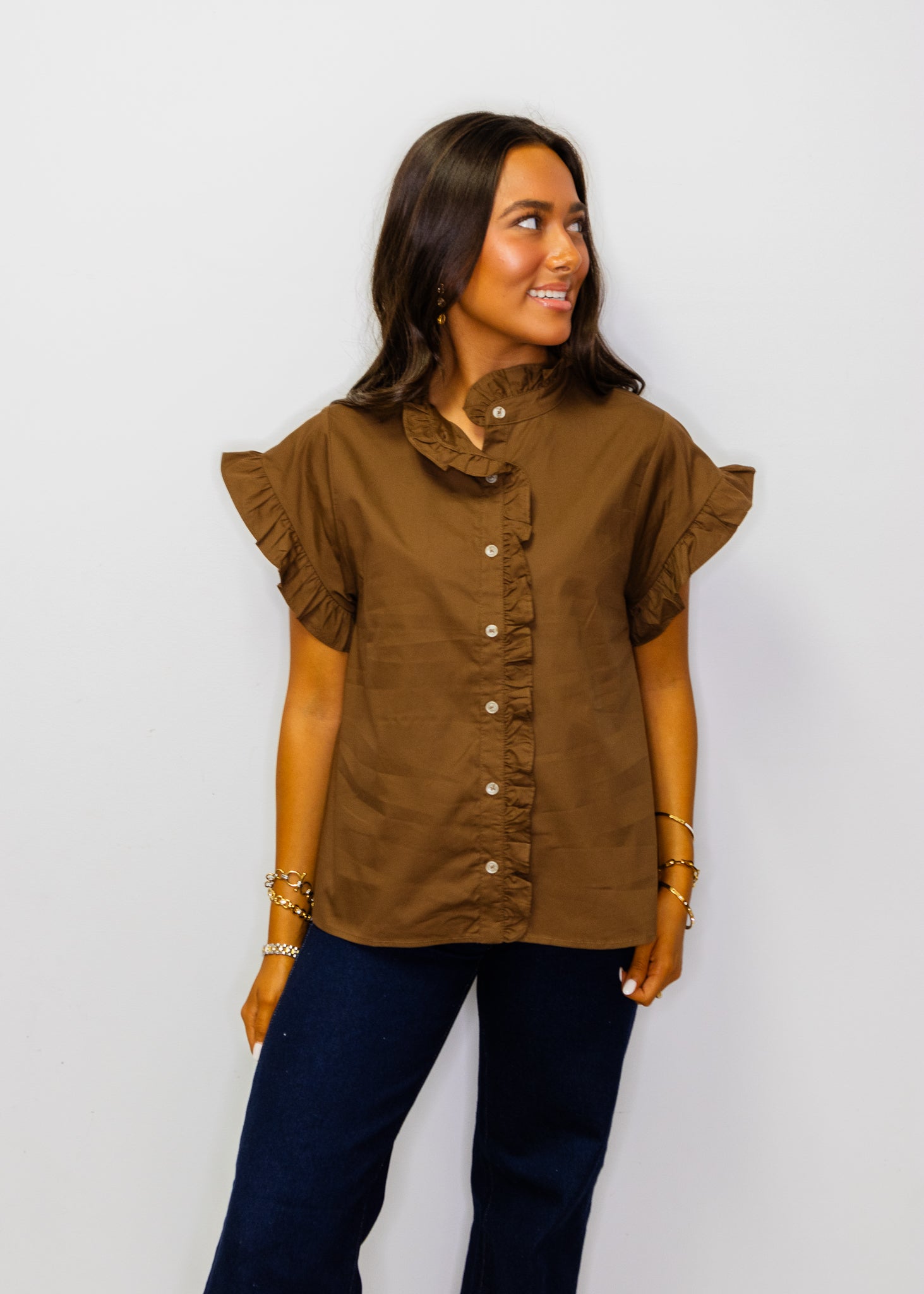 Brown Ruffled Detail Woven Top