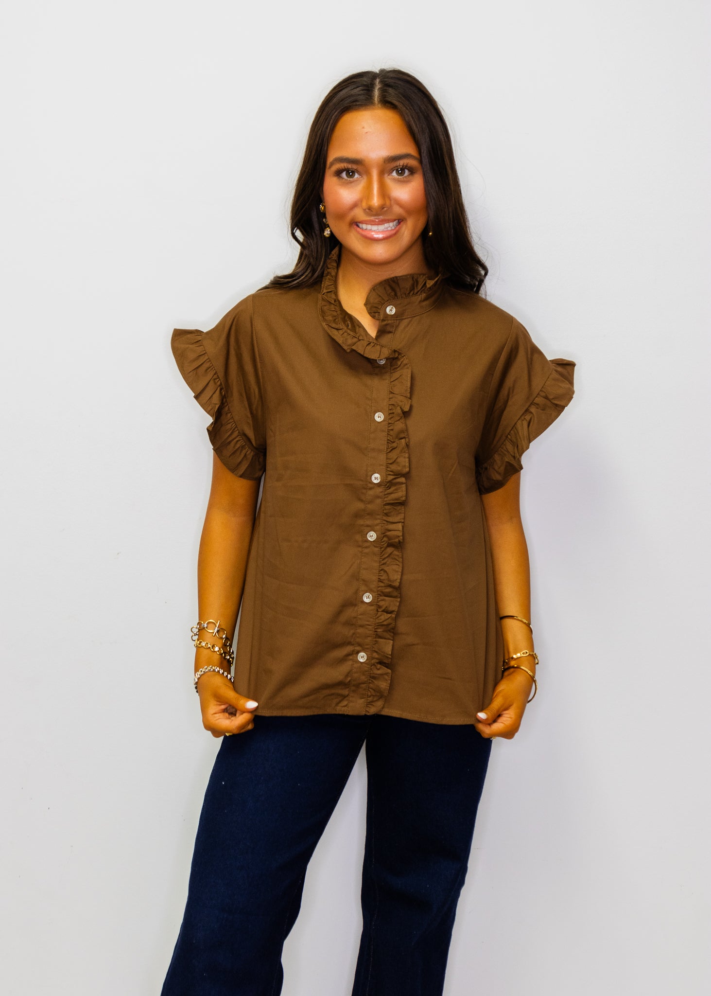Brown Ruffled Detail Woven Top