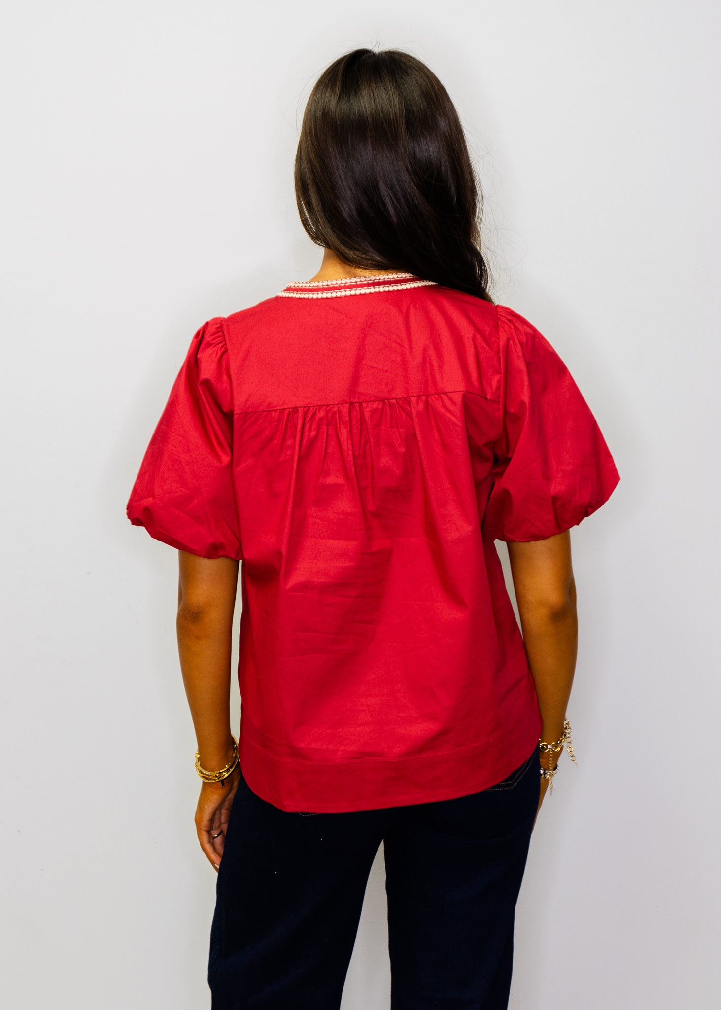 Wine Puff Sleeves Embroidered Woven Top