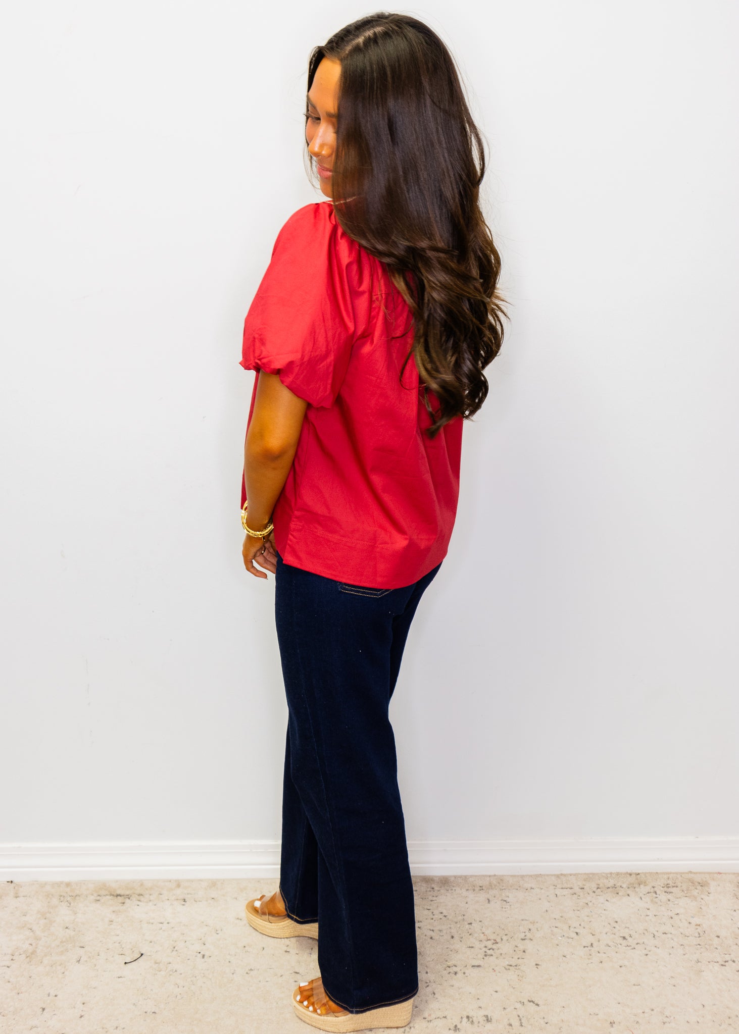 Wine Puff Sleeves Embroidered Woven Top