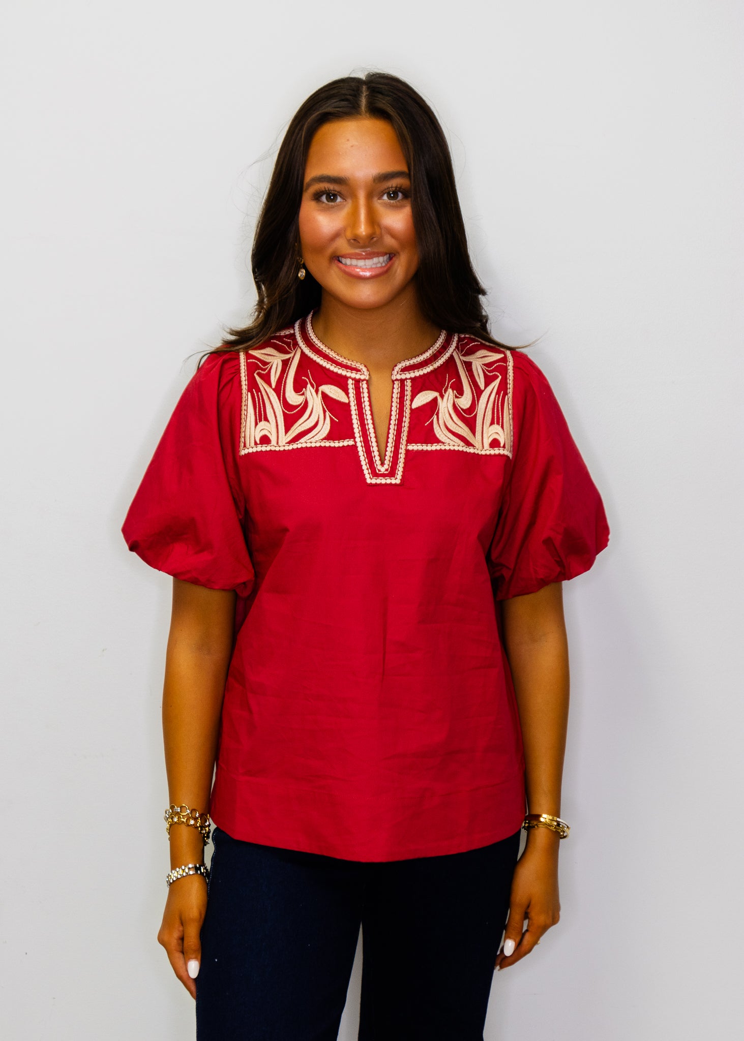 Wine Puff Sleeves Embroidered Woven Top