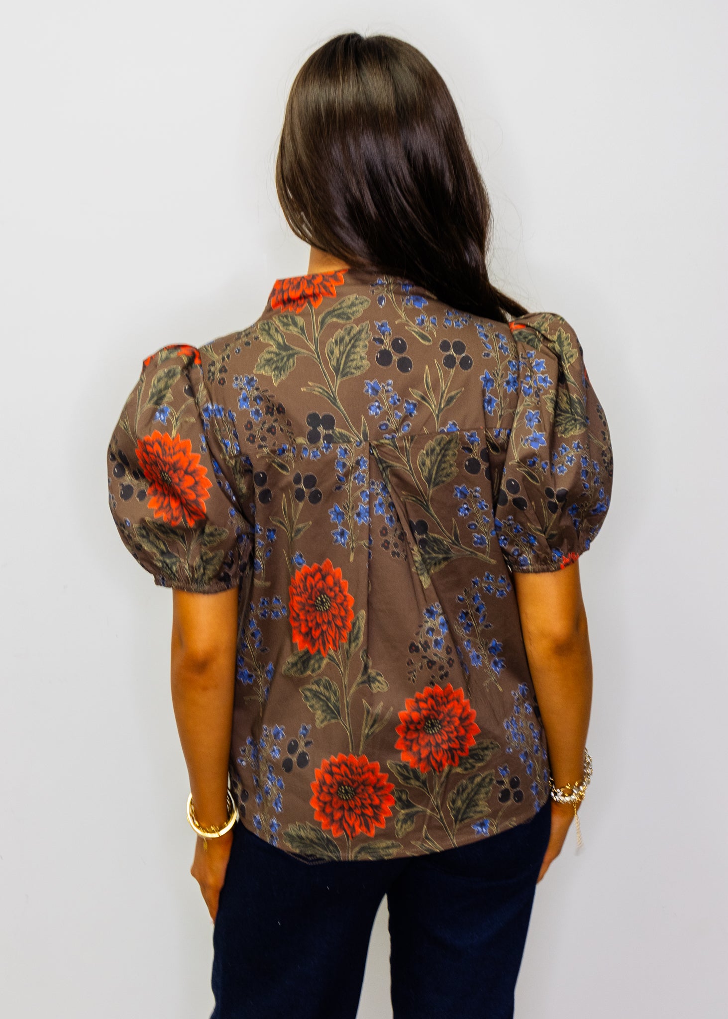 Brown Floral Short Puff Sleeve Top