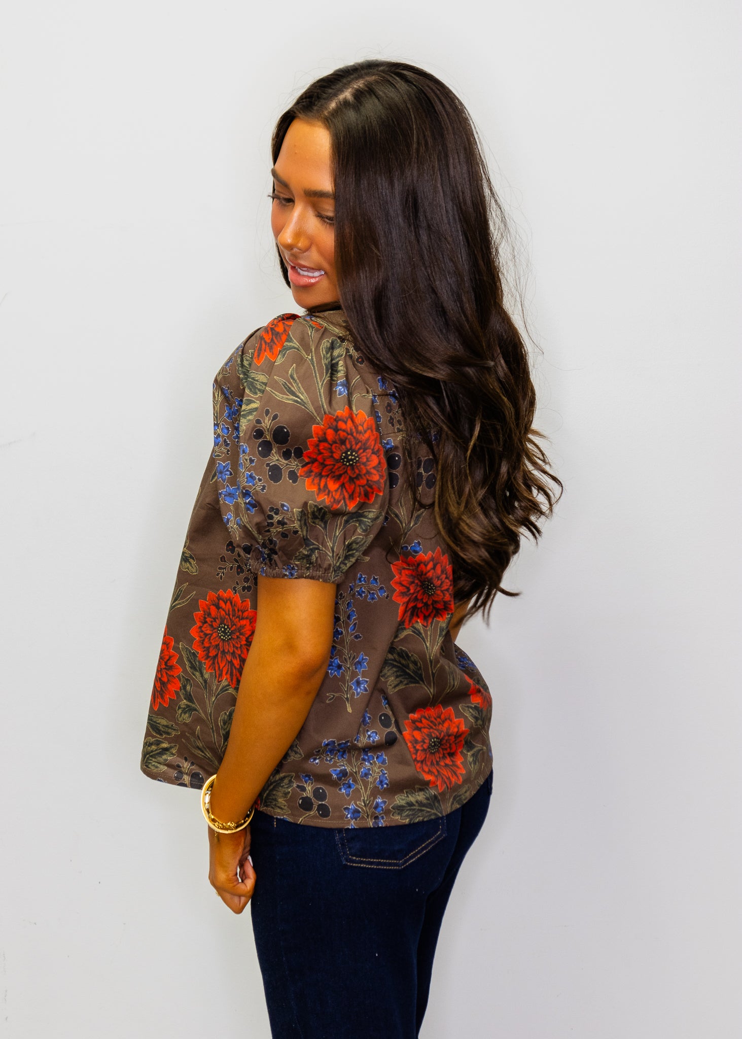 Brown Floral Short Puff Sleeve Top