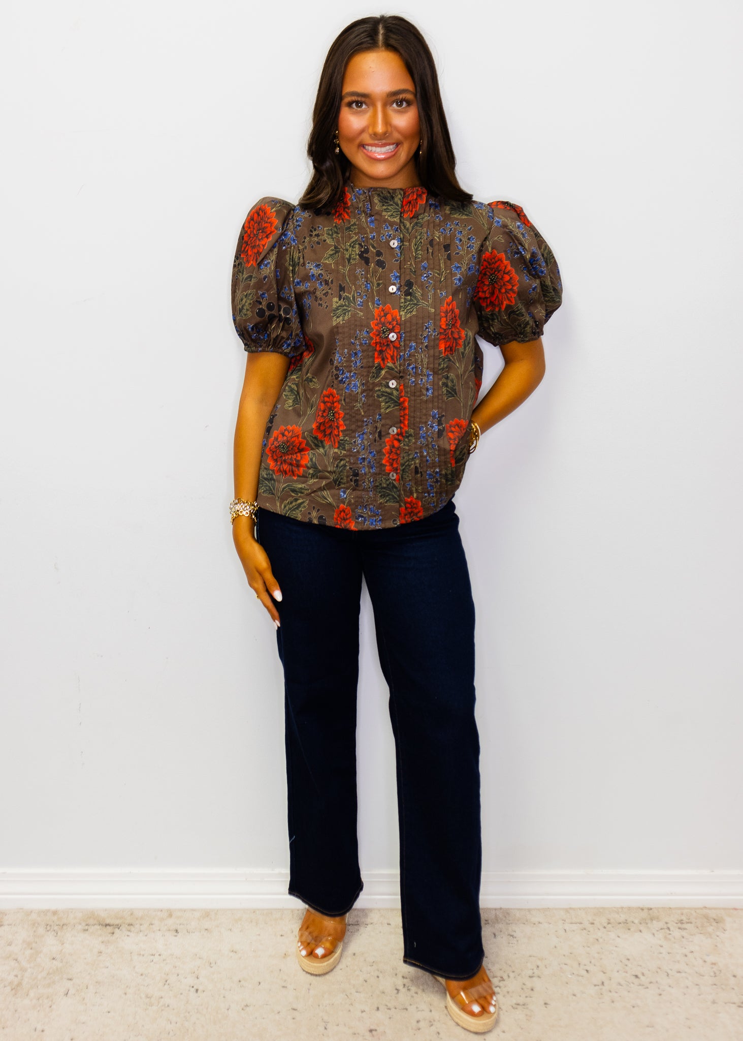 Brown Floral Short Puff Sleeve Top