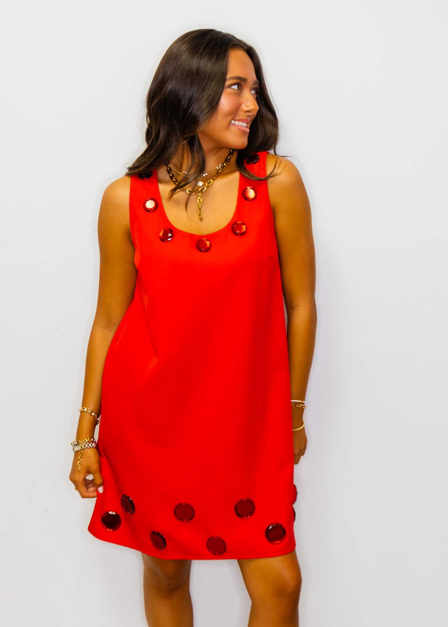 Red Shiny Circles Mini Dress