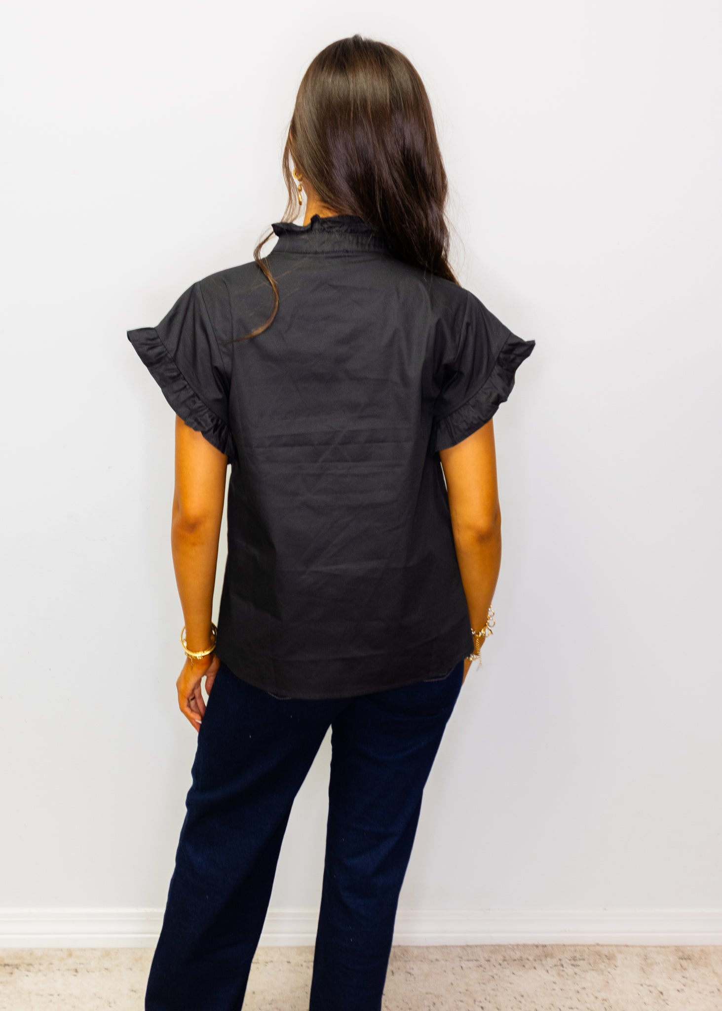 Black Ruffled Detail Woven Top