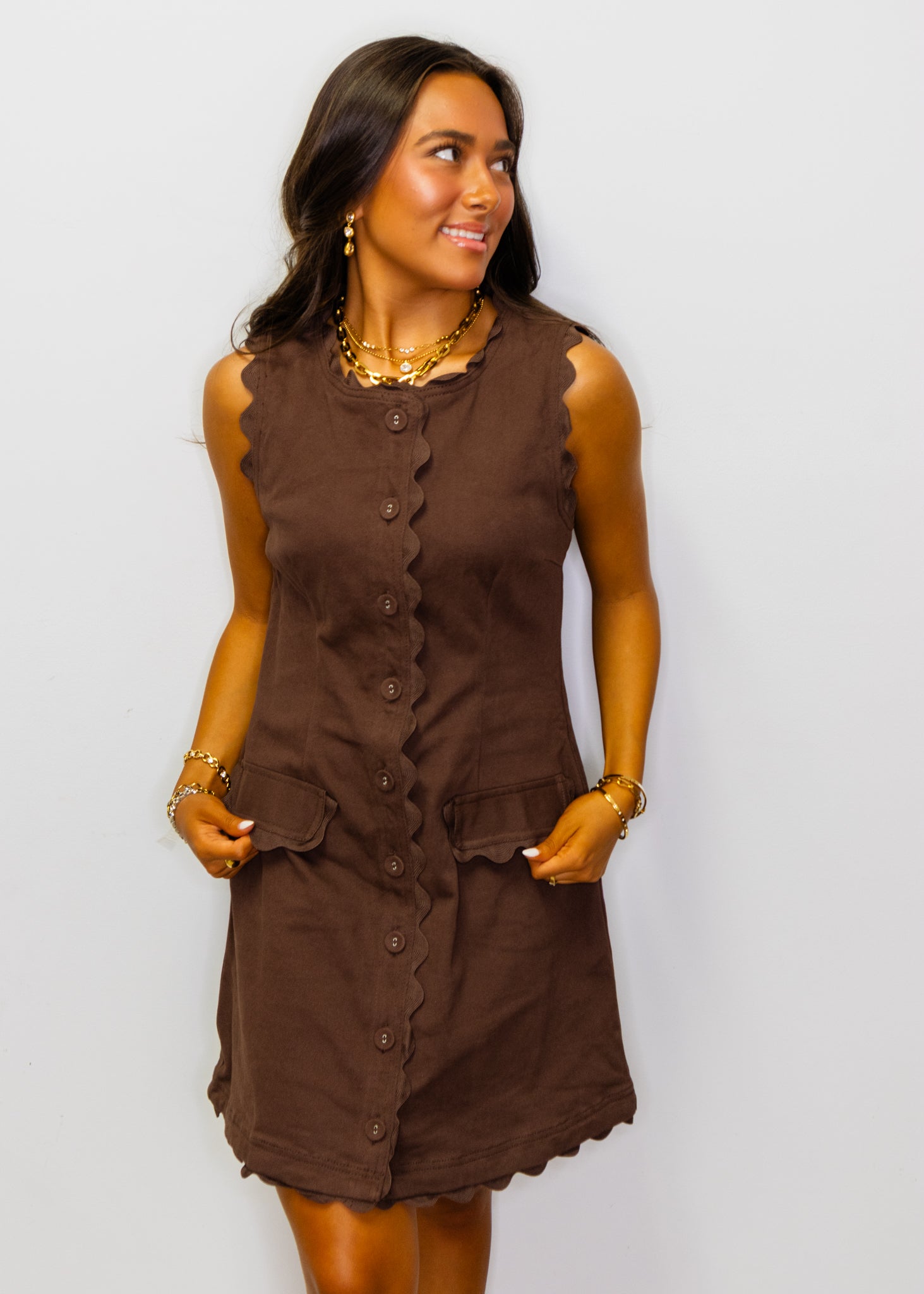 Brown Solid Scallop Trim Button Dress