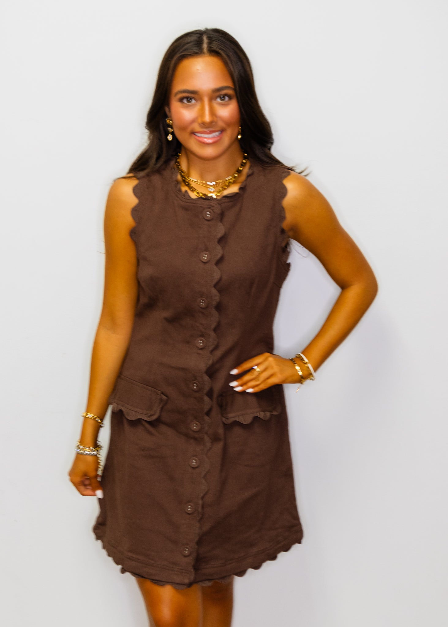 Brown Solid Scallop Trim Button Dress