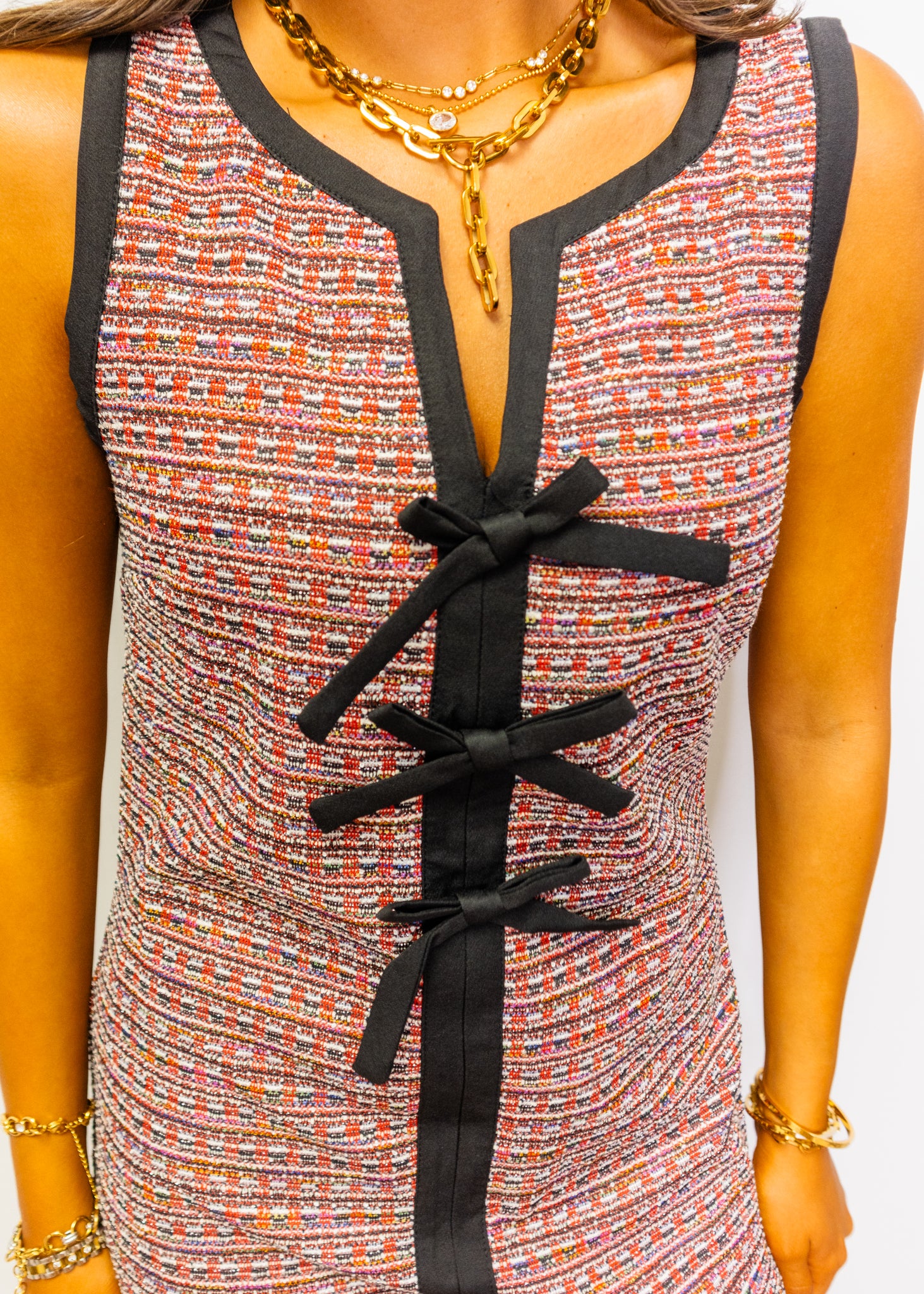 Red Bow Detail Tweed Dress
