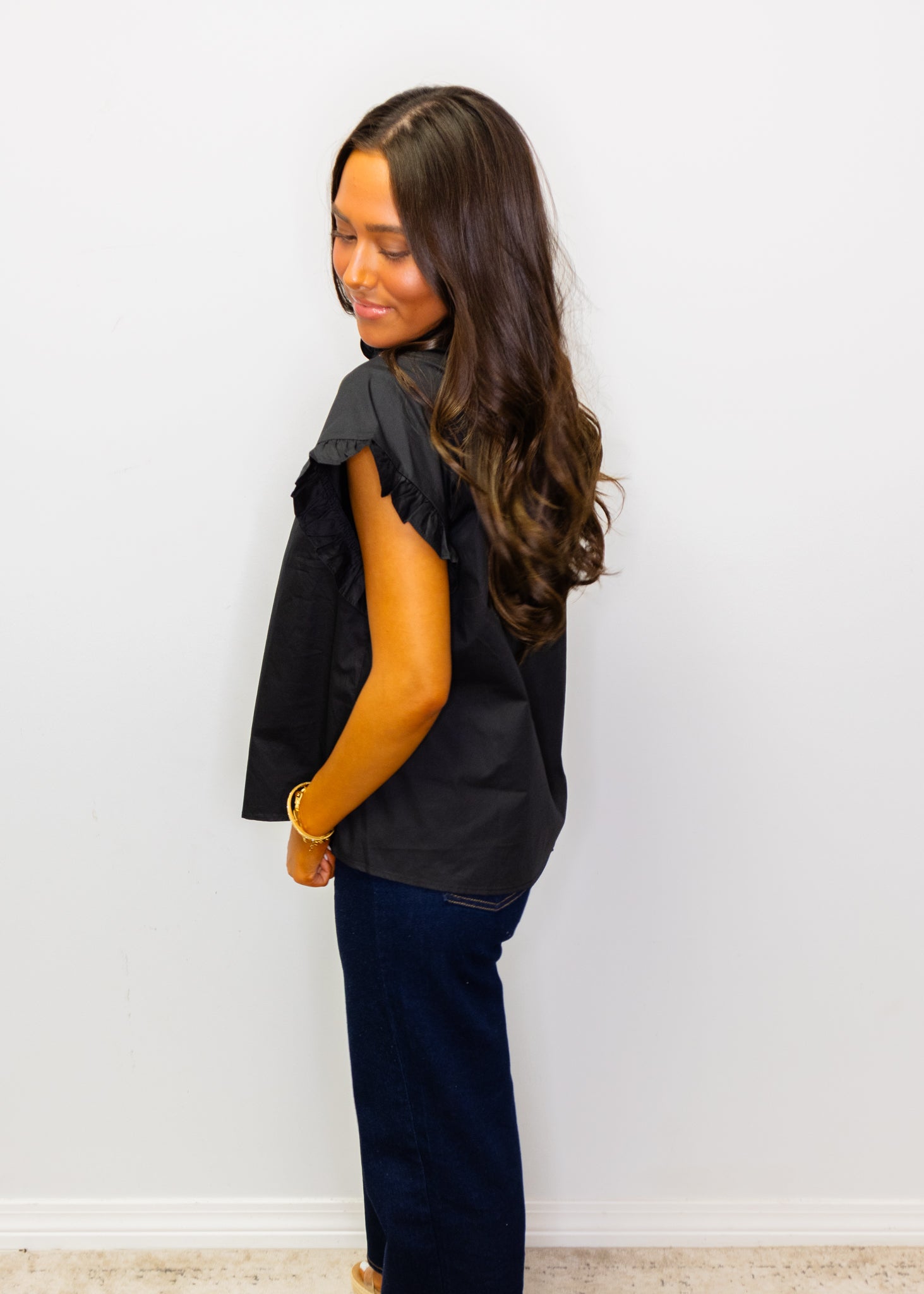 Black Ruffled Detail Woven Top