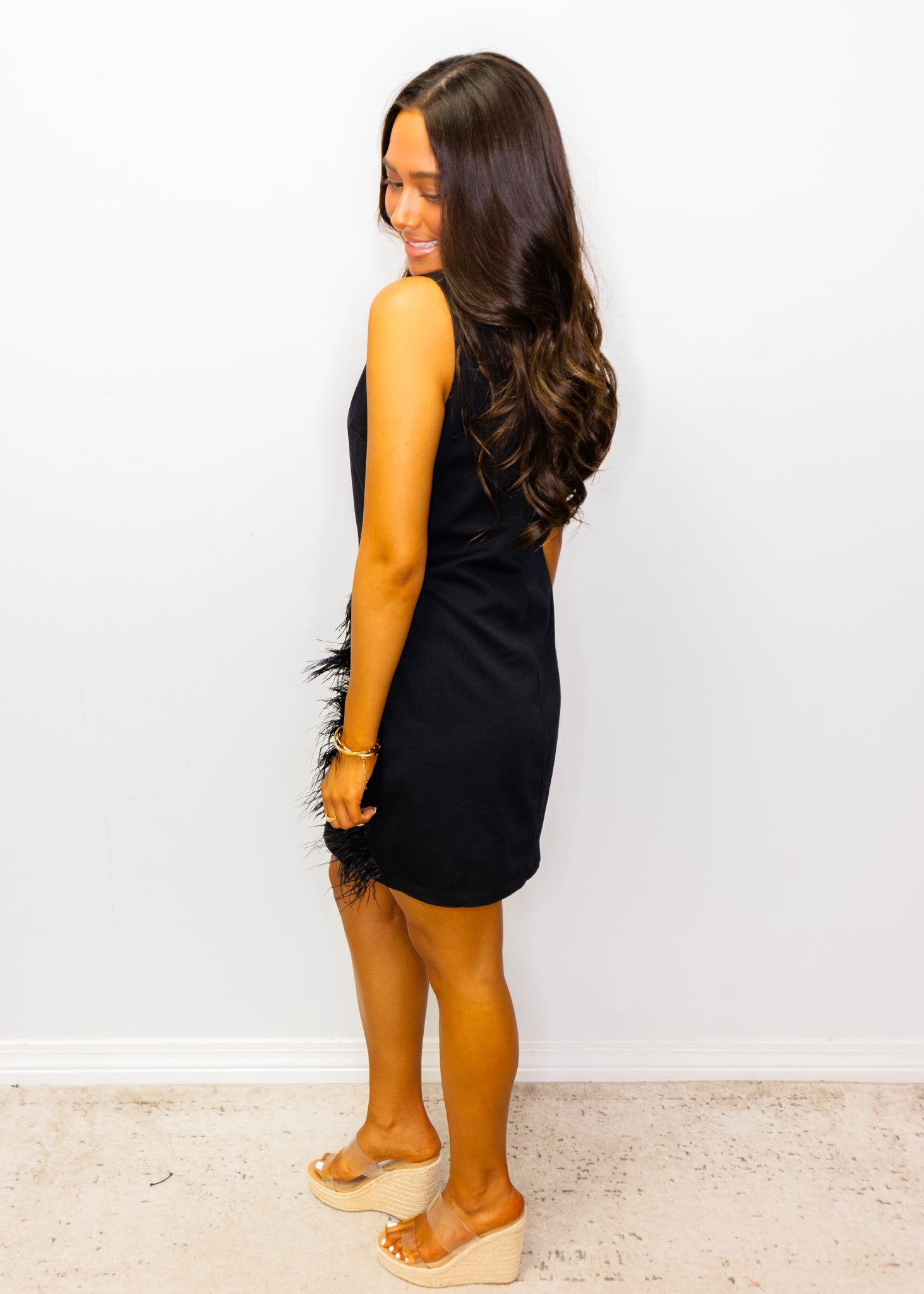 Black Diagonal Trim Feathers Mini Dress