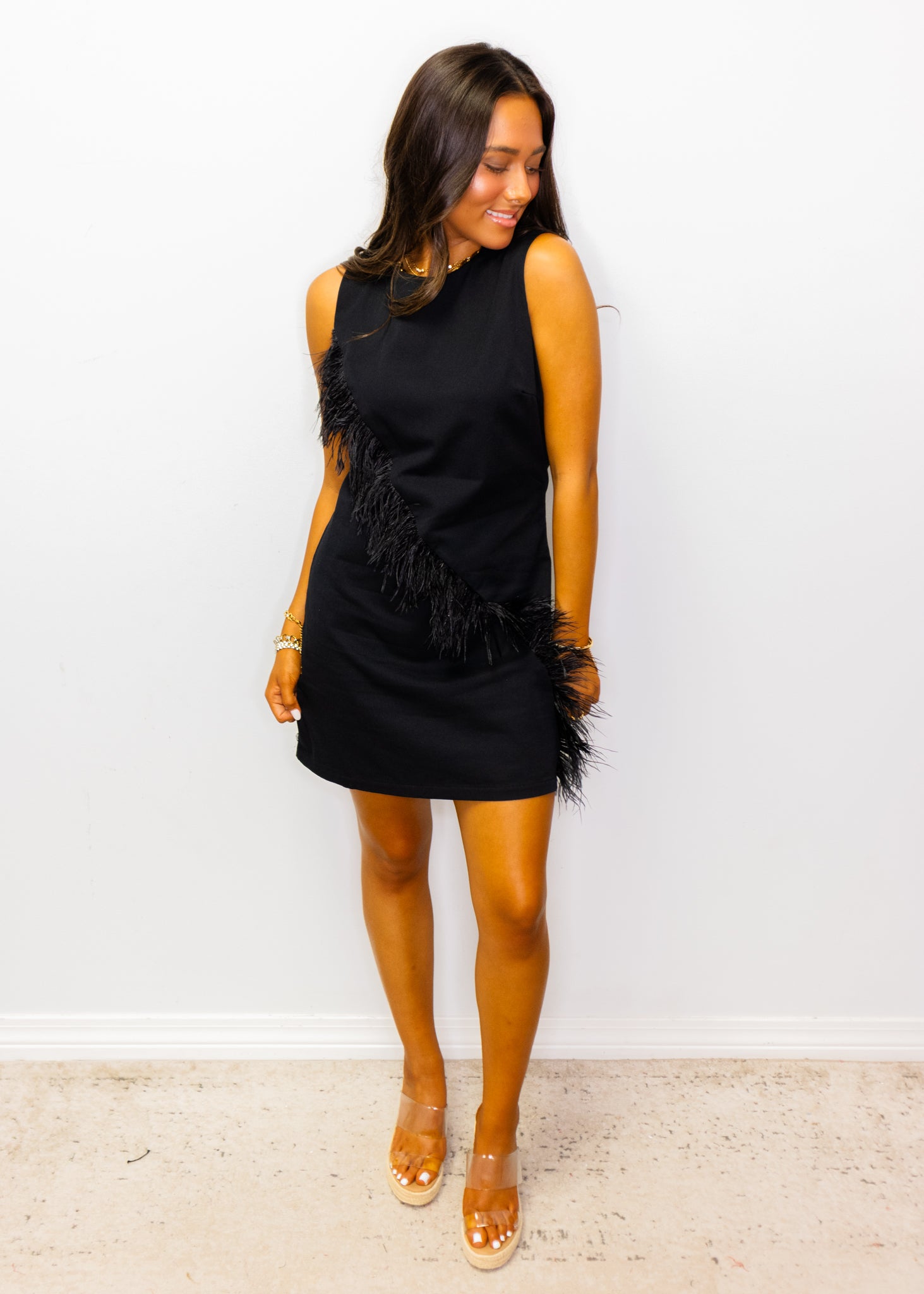 Black Diagonal Trim Feathers Mini Dress