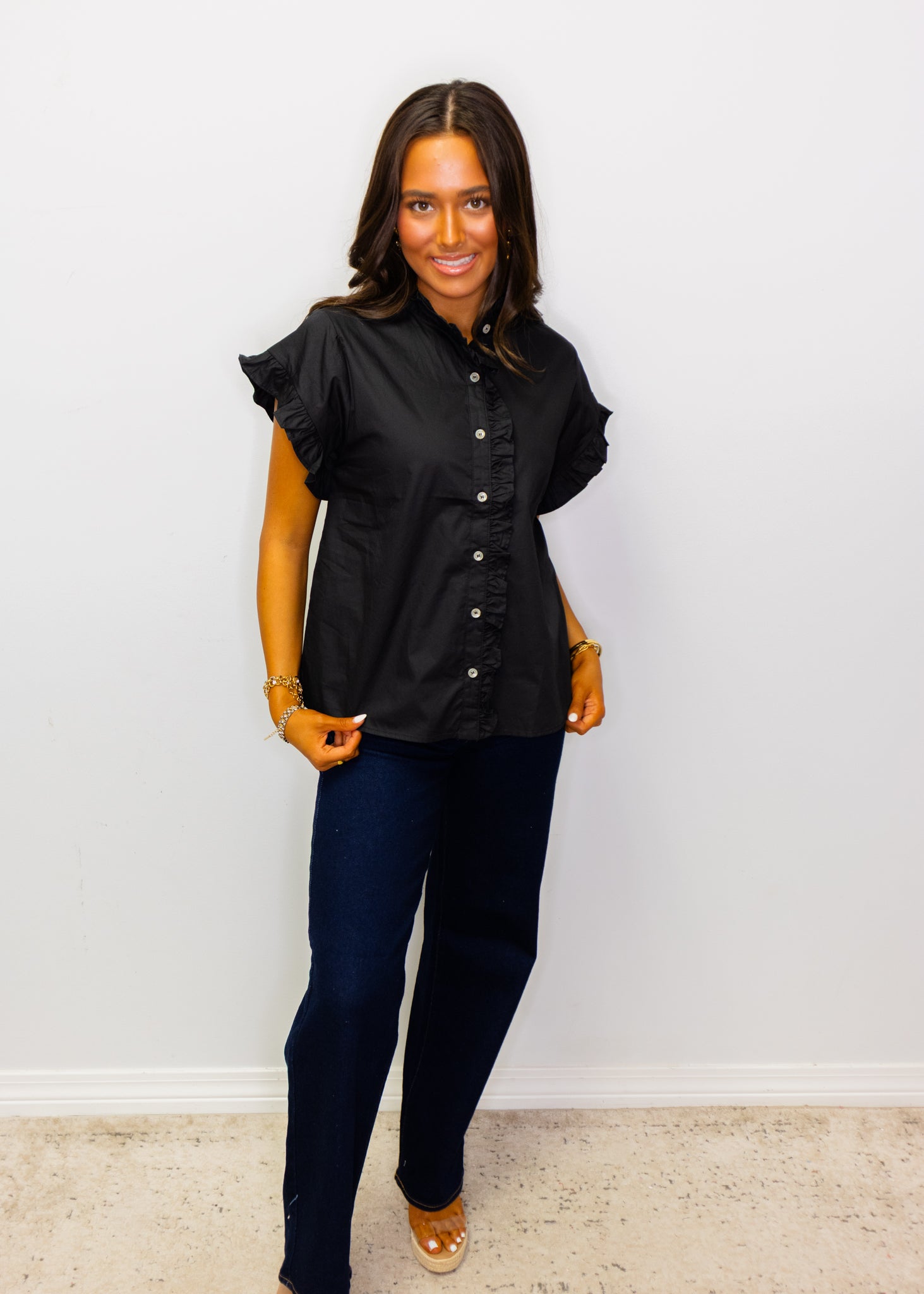 Black Ruffled Detail Woven Top