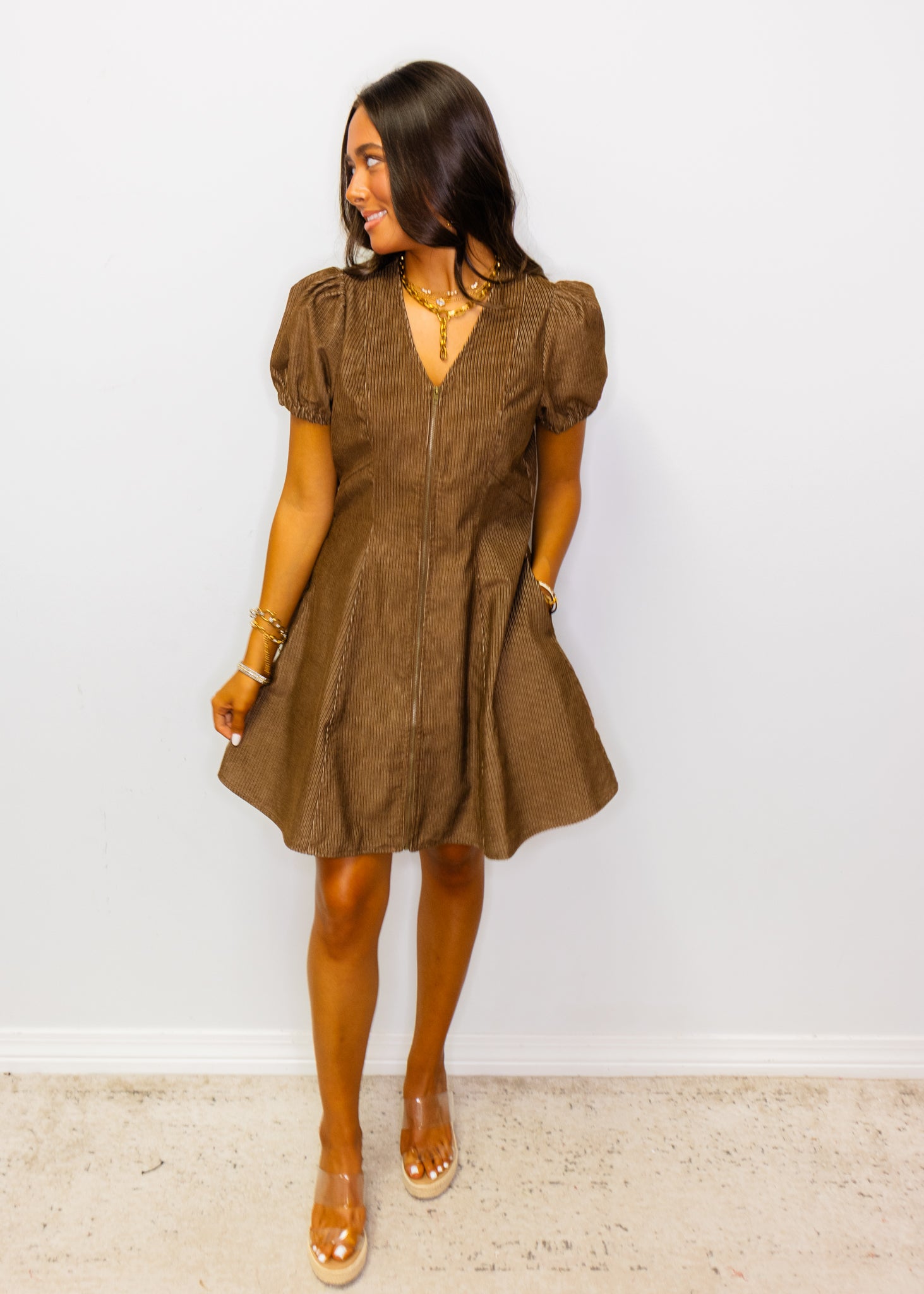 Brown Corduroy Puff Sleeve Mini Dress