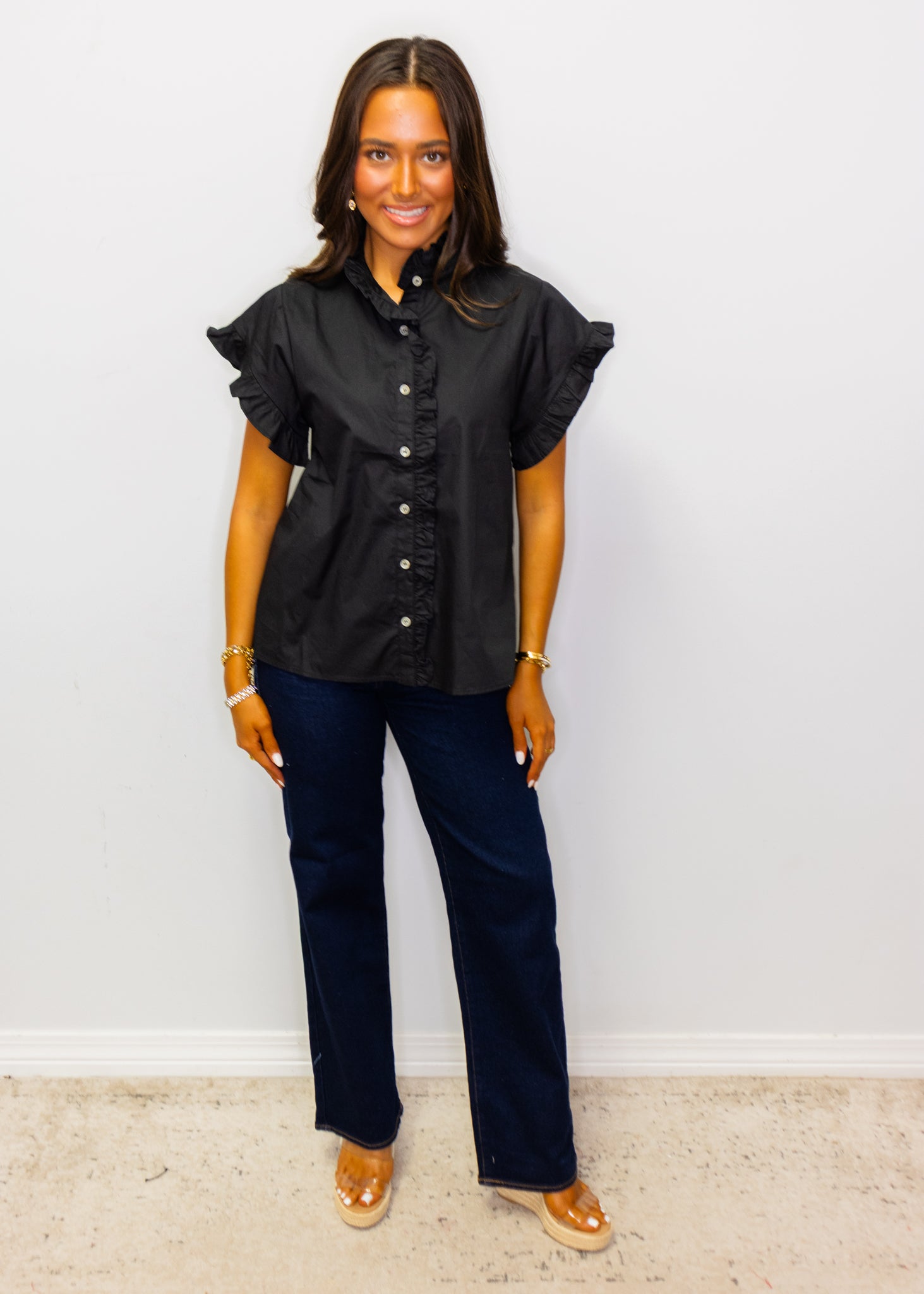 Black Ruffled Detail Woven Top